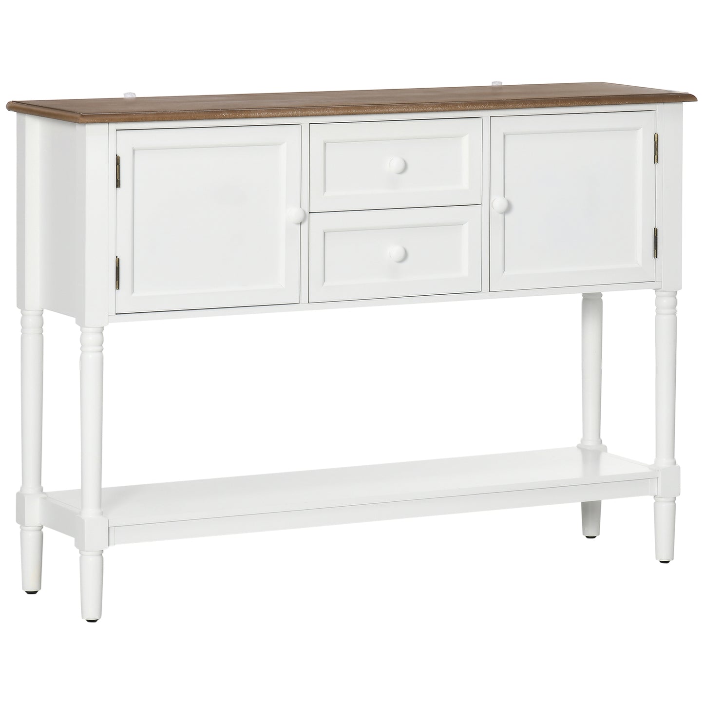 White farmhouse console table with two drawers and two cabinet doors