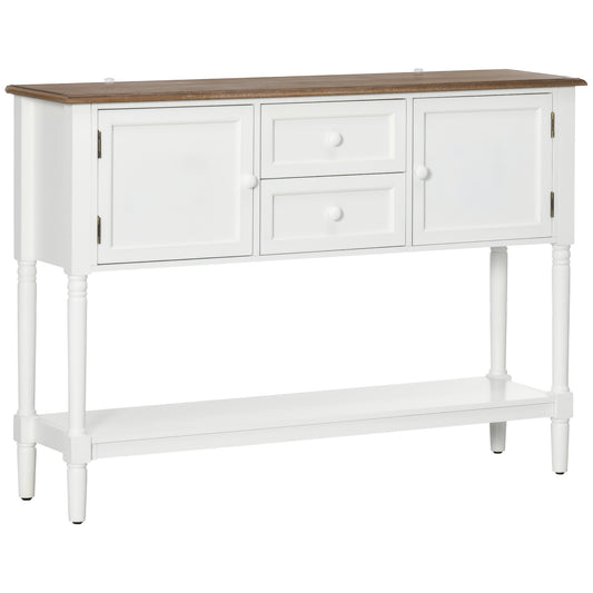 White farmhouse console table with two drawers and two cabinet doors