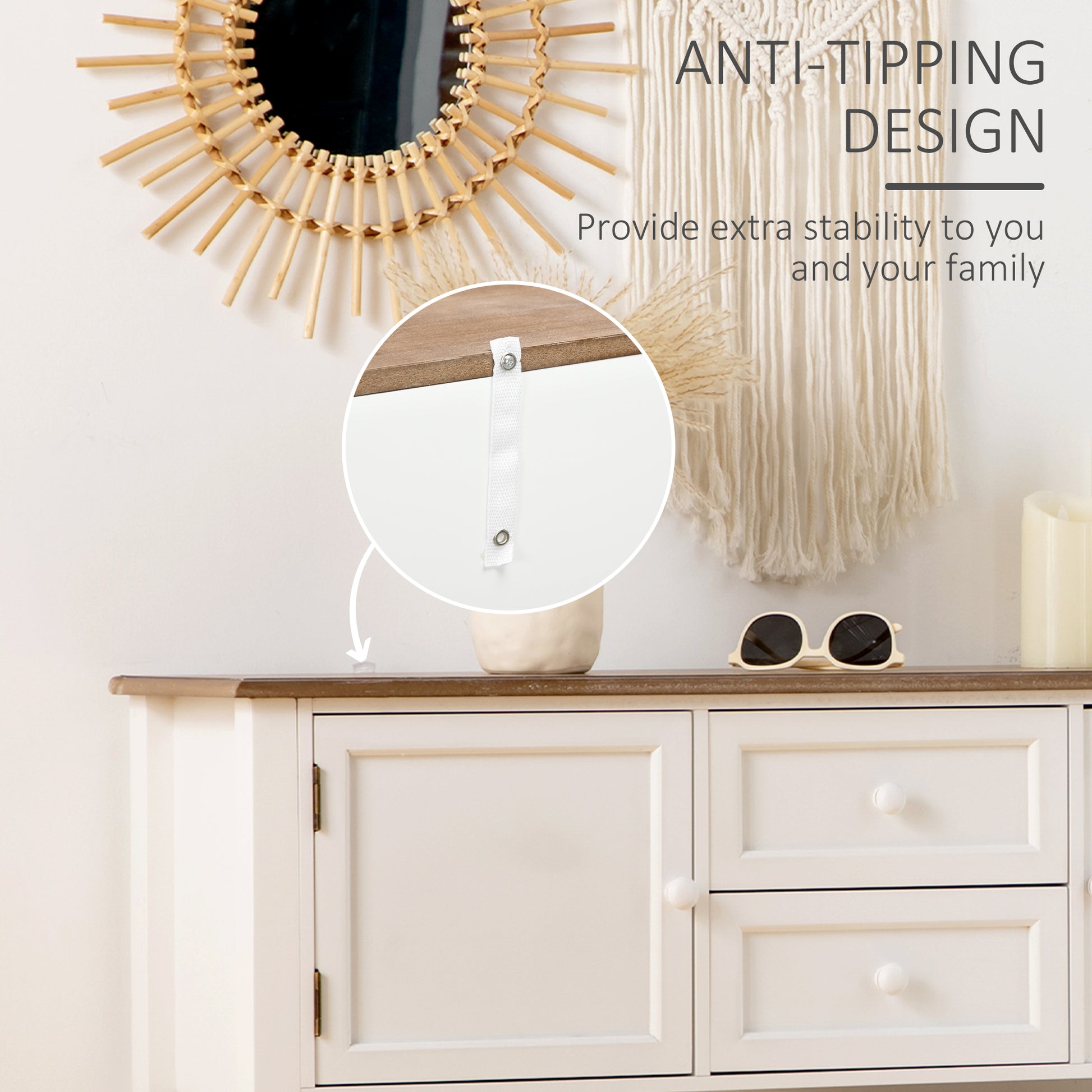 White wooden dresser with antique brass hinges and knobs