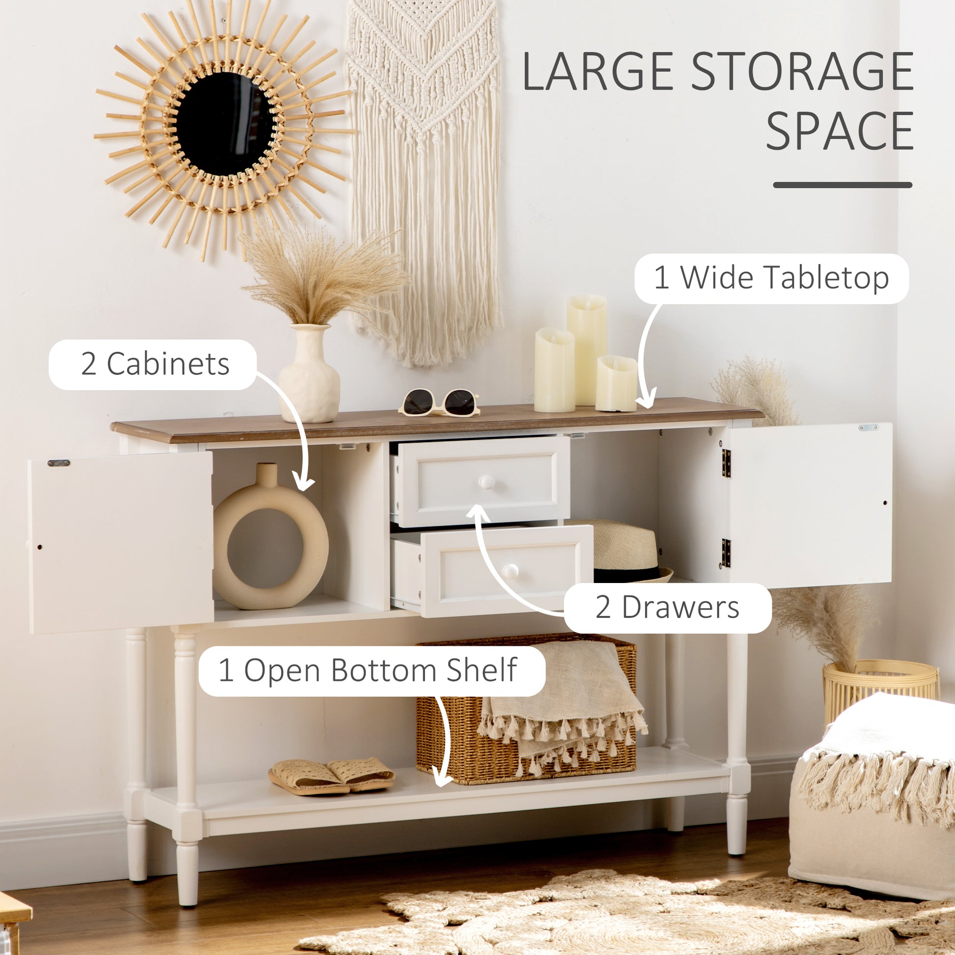 White console table with two cabinets and two drawers