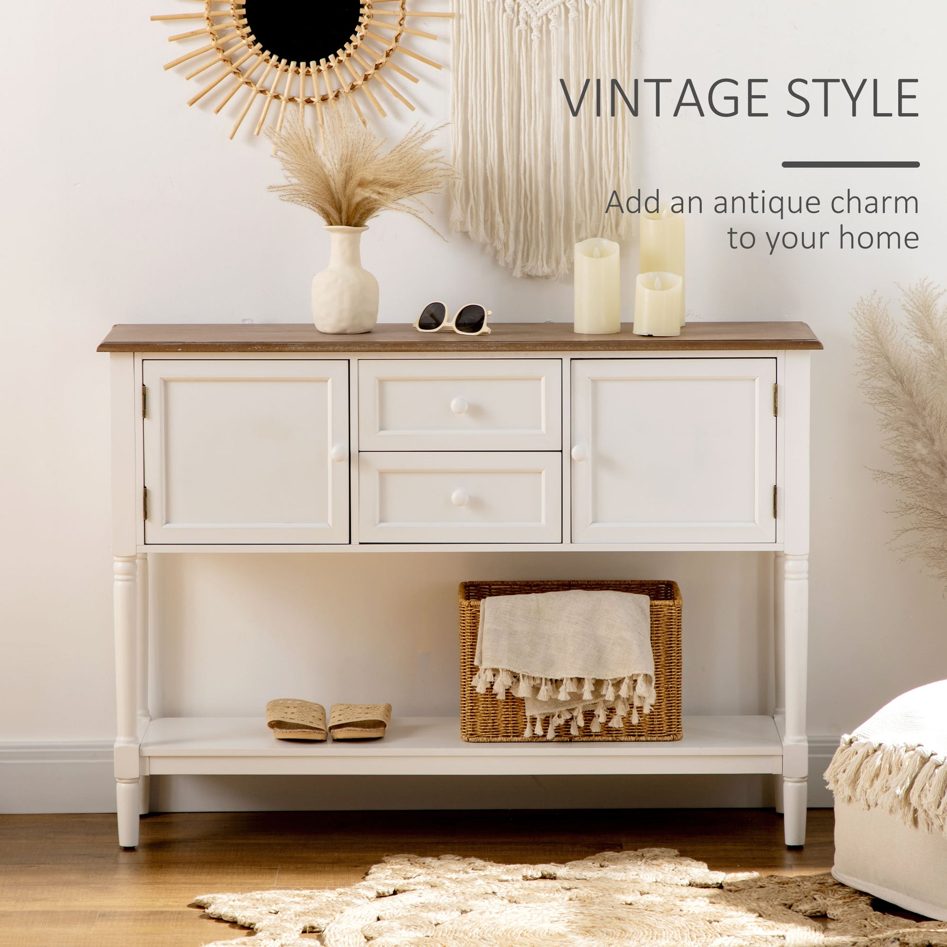 White wood console table with two drawers and two cabinet doors vintage style