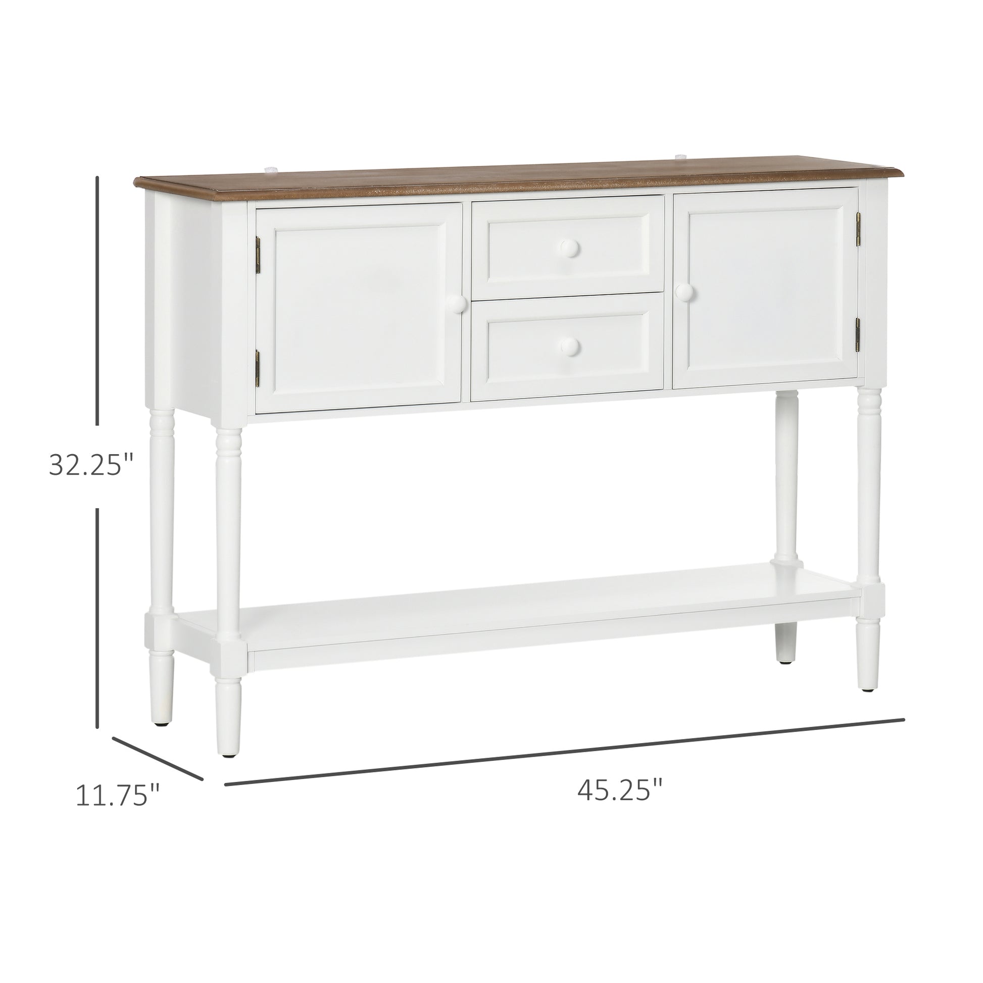 White entryway console table with two drawers and two cabinet doors