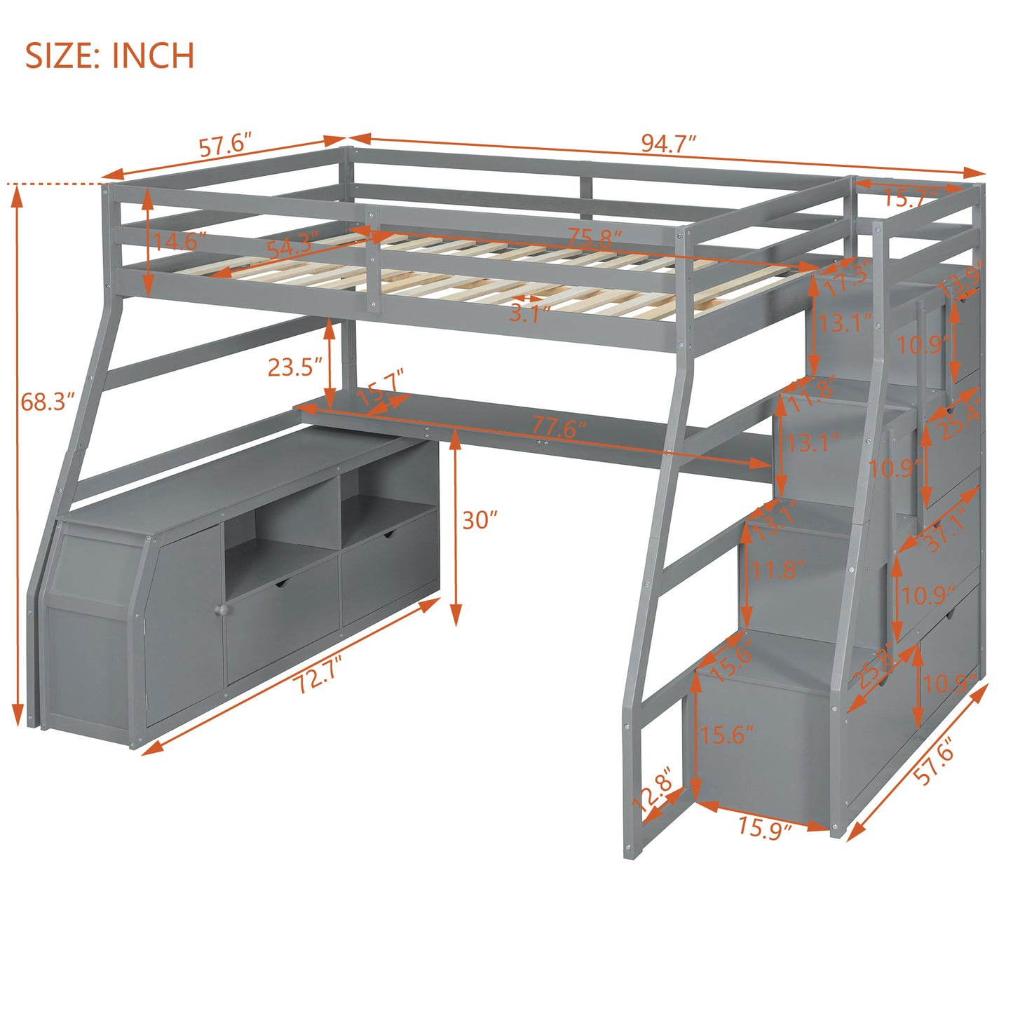 Gray wooden loft bed with integrated desk and storage drawers