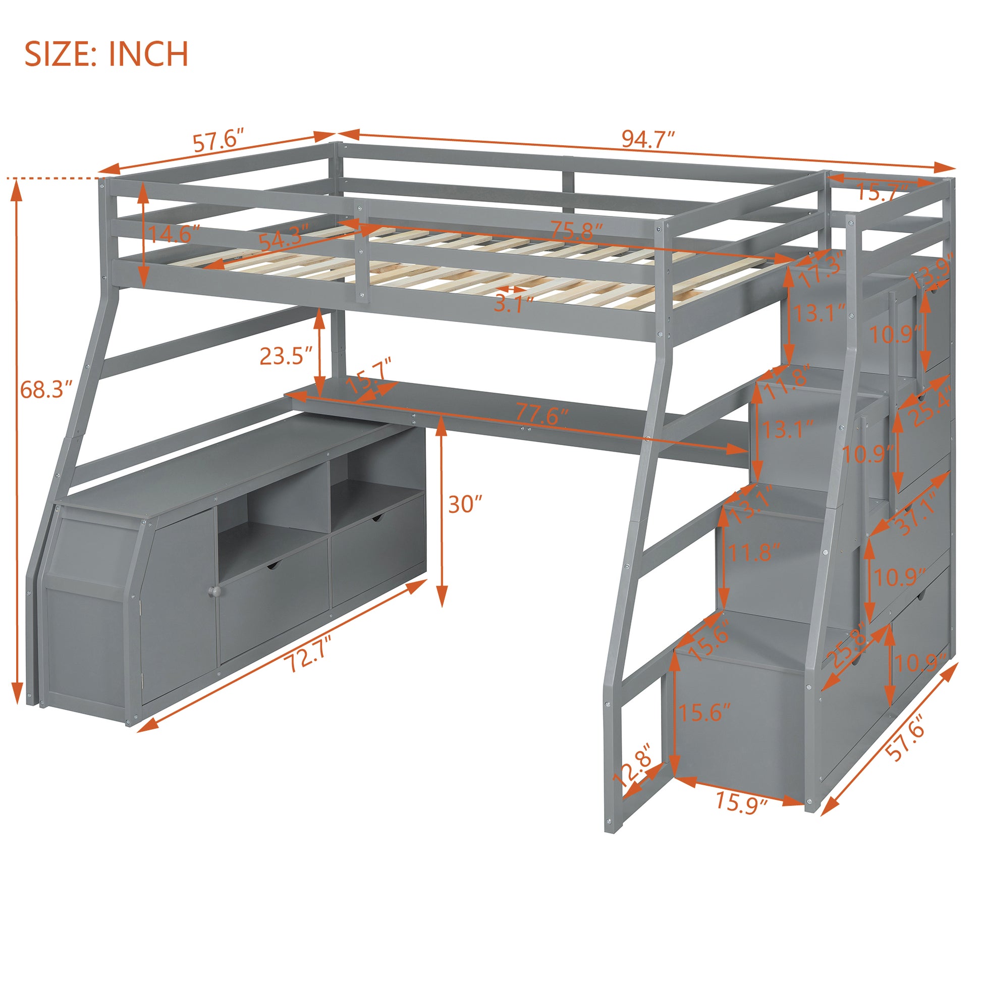 Gray wooden loft bed with integrated desk and storage drawers