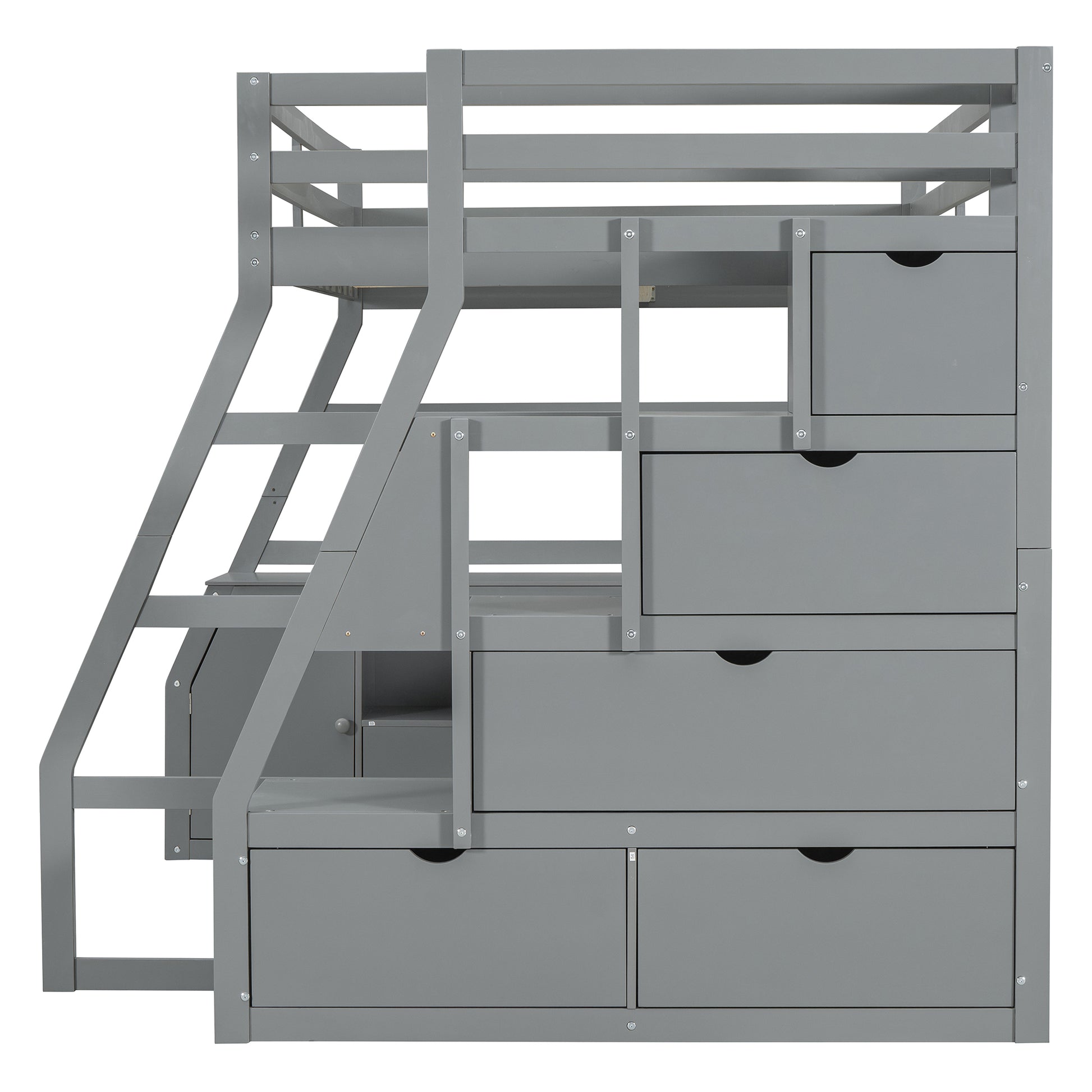 Gray wooden bunk bed with stairs and integrated drawers