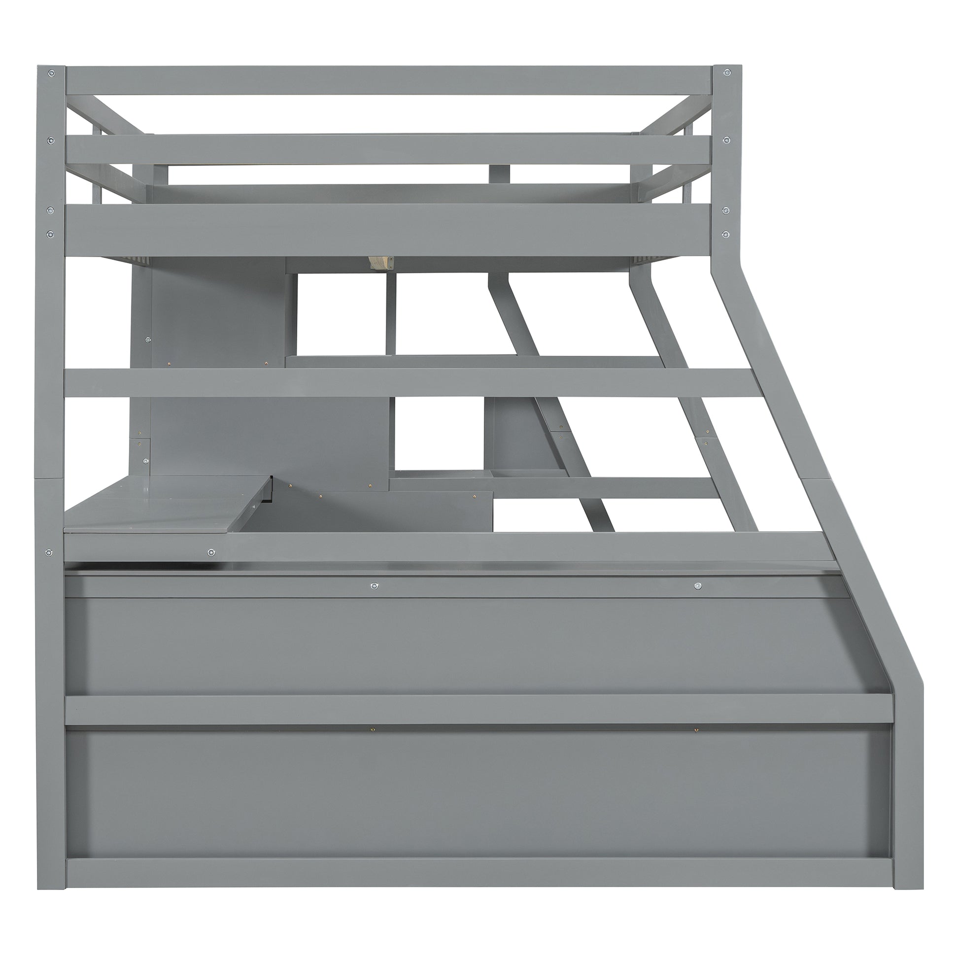 Gray wooden loft bed with integrated desk and storage drawers