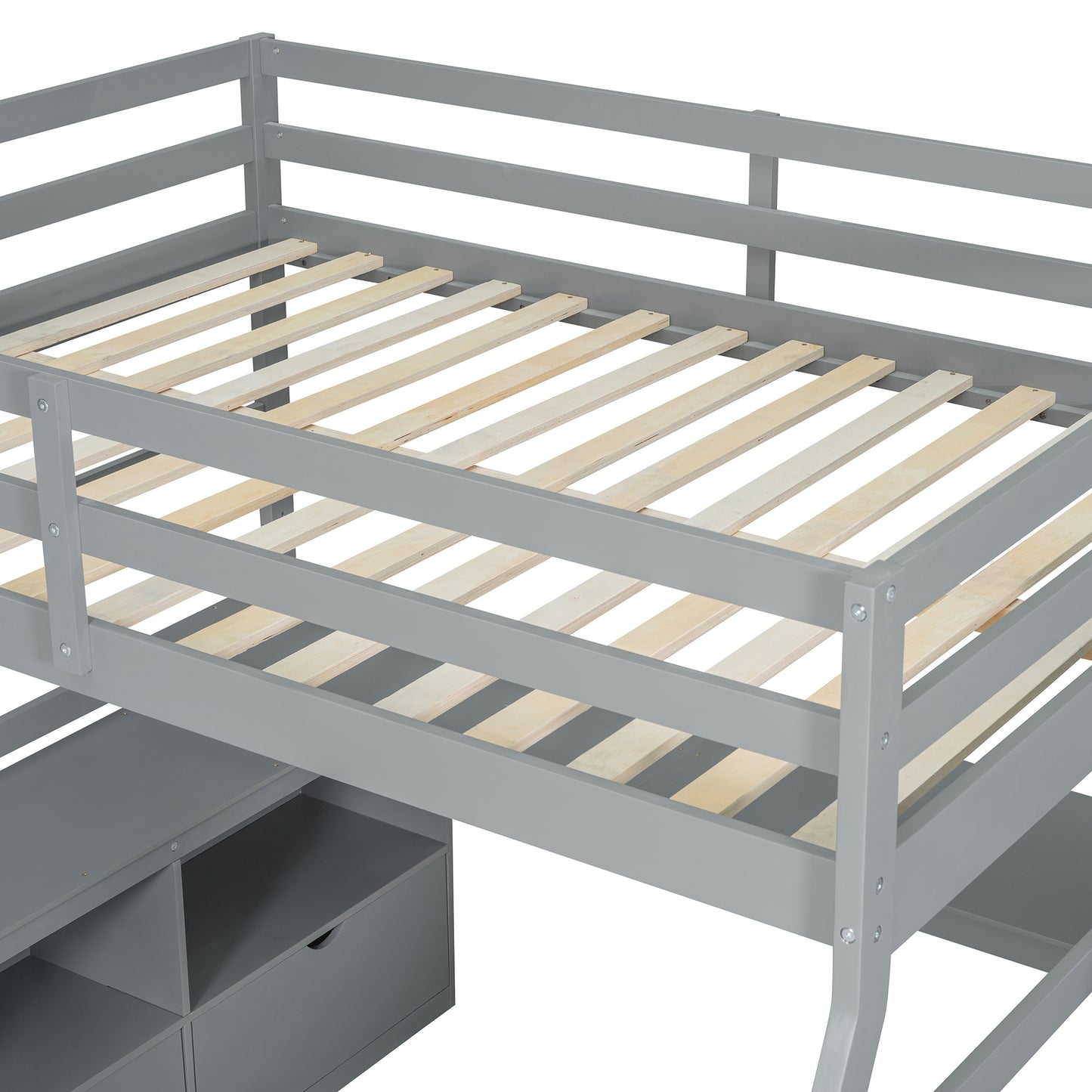 Gray twin loft bed frame with wooden slats and storage drawers