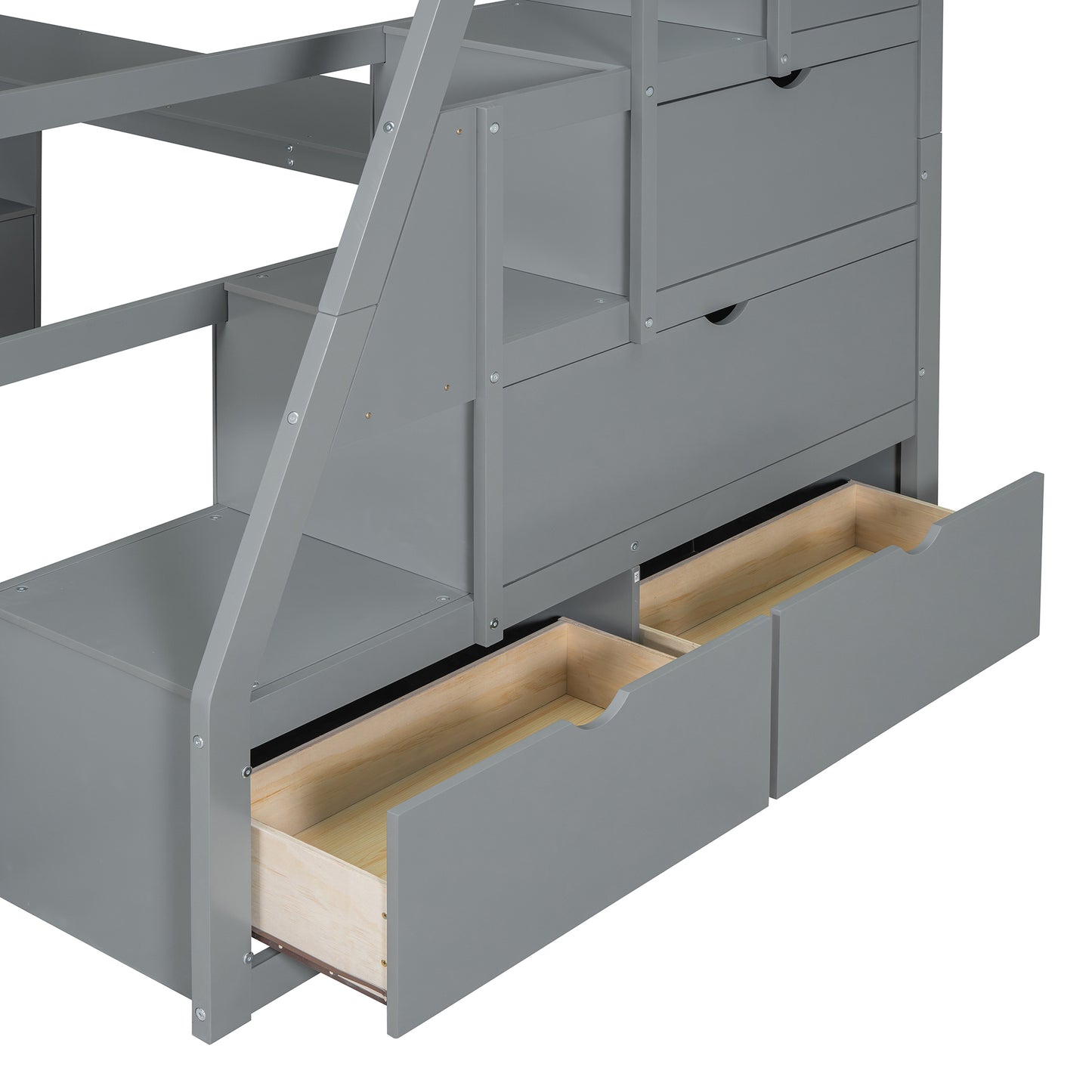 Gray wooden bunk bed stairs with builtin drawers and open compartments