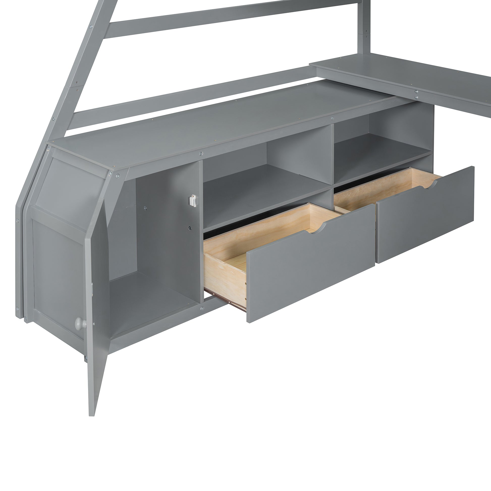 Gray wooden desk with open drawer and storage compartments