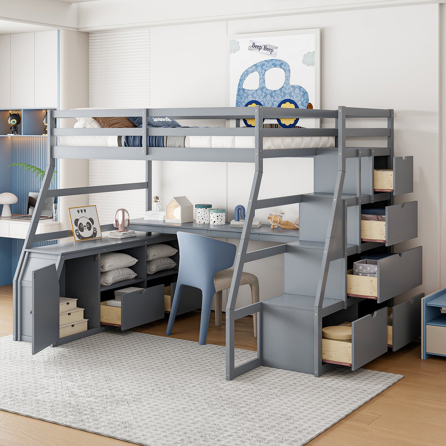 Grey wooden loft bed with integrated desk and drawers