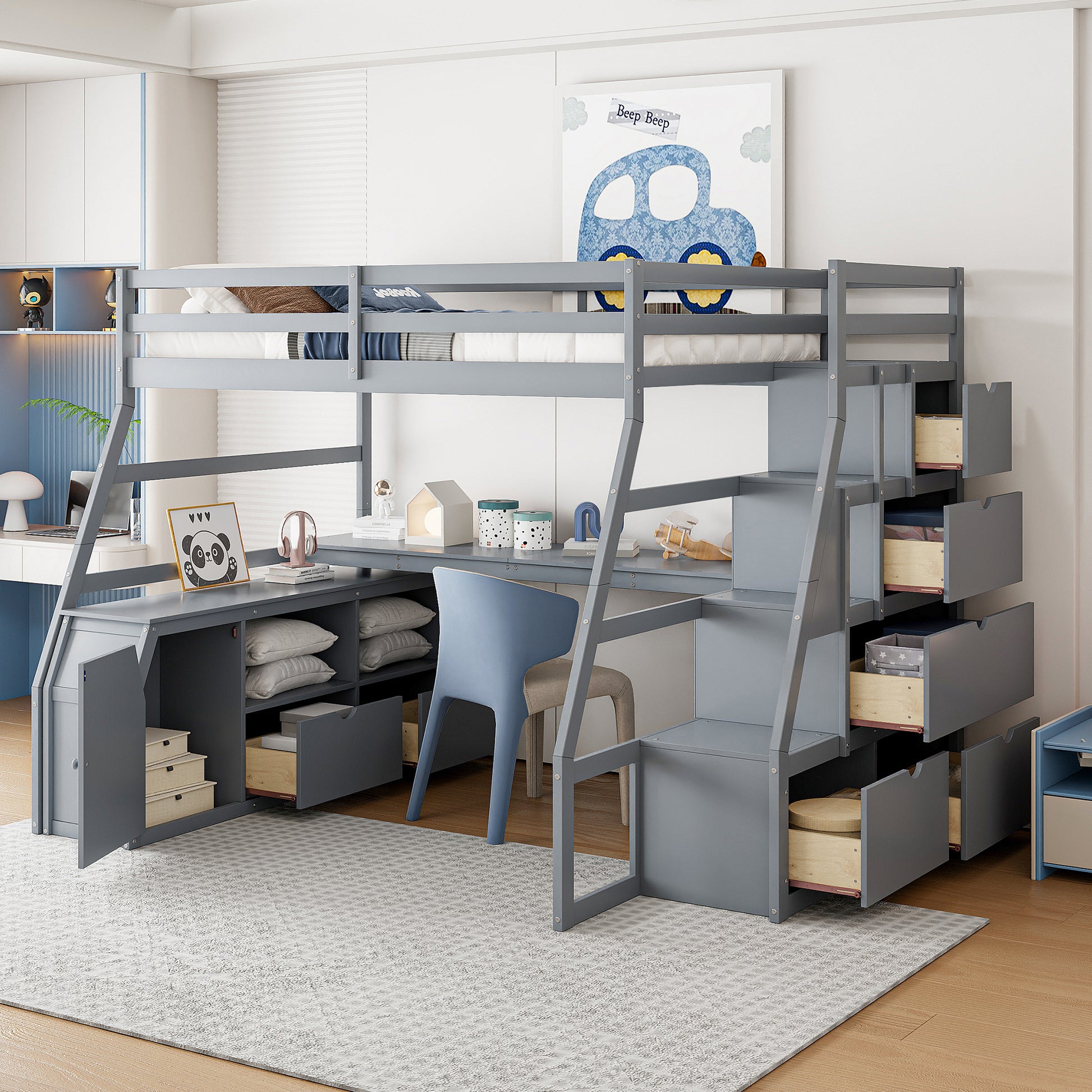 Grey wooden loft bed with integrated desk and drawers
