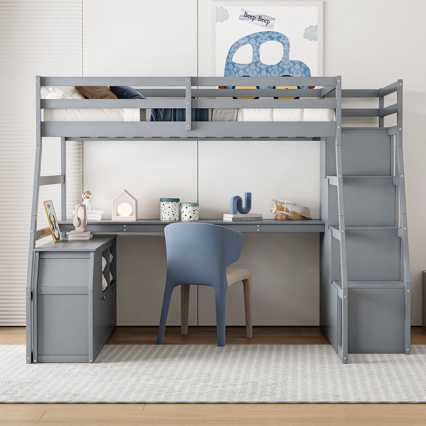 Gray loft bed with integrated desk and ladder