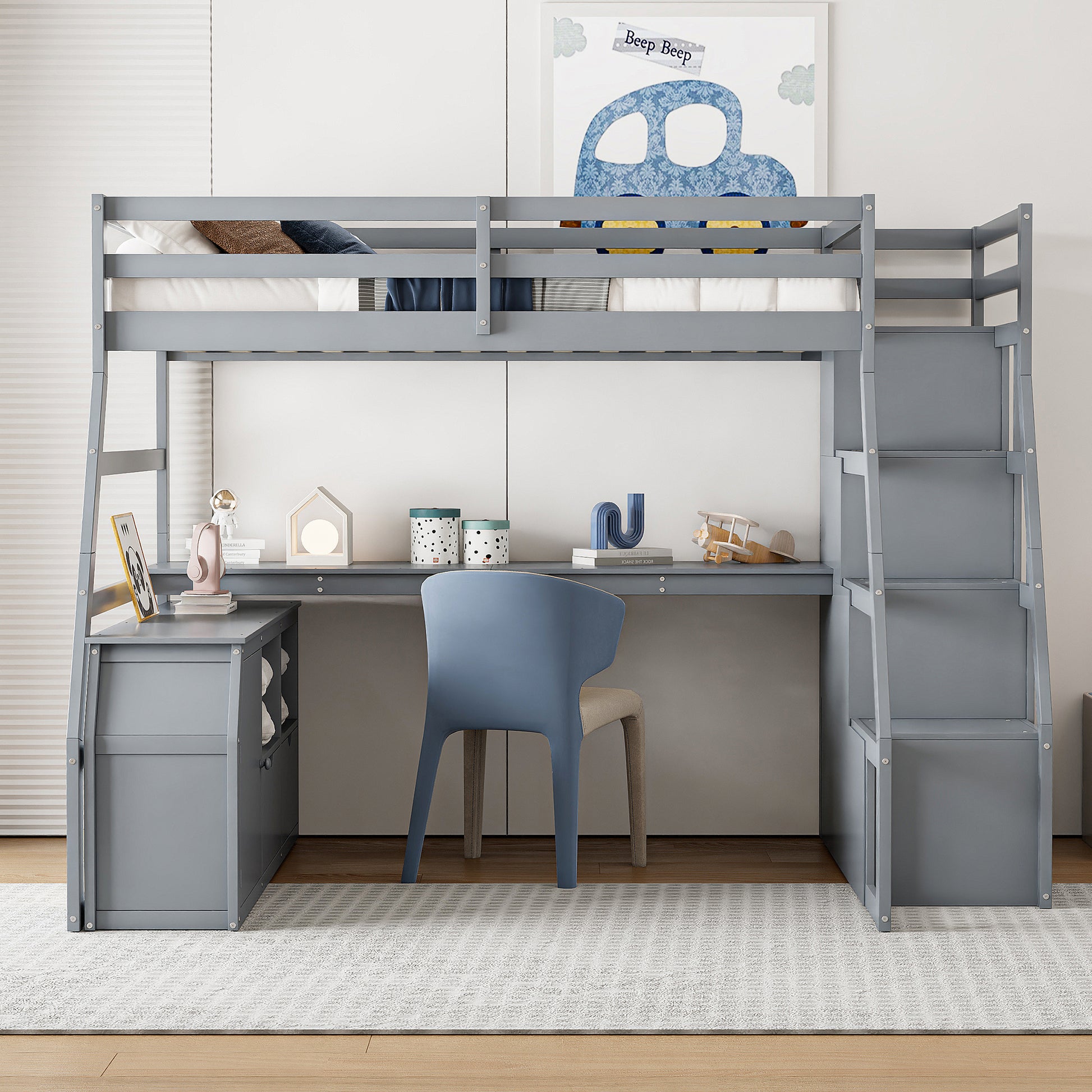 Gray loft bed with integrated desk and ladder