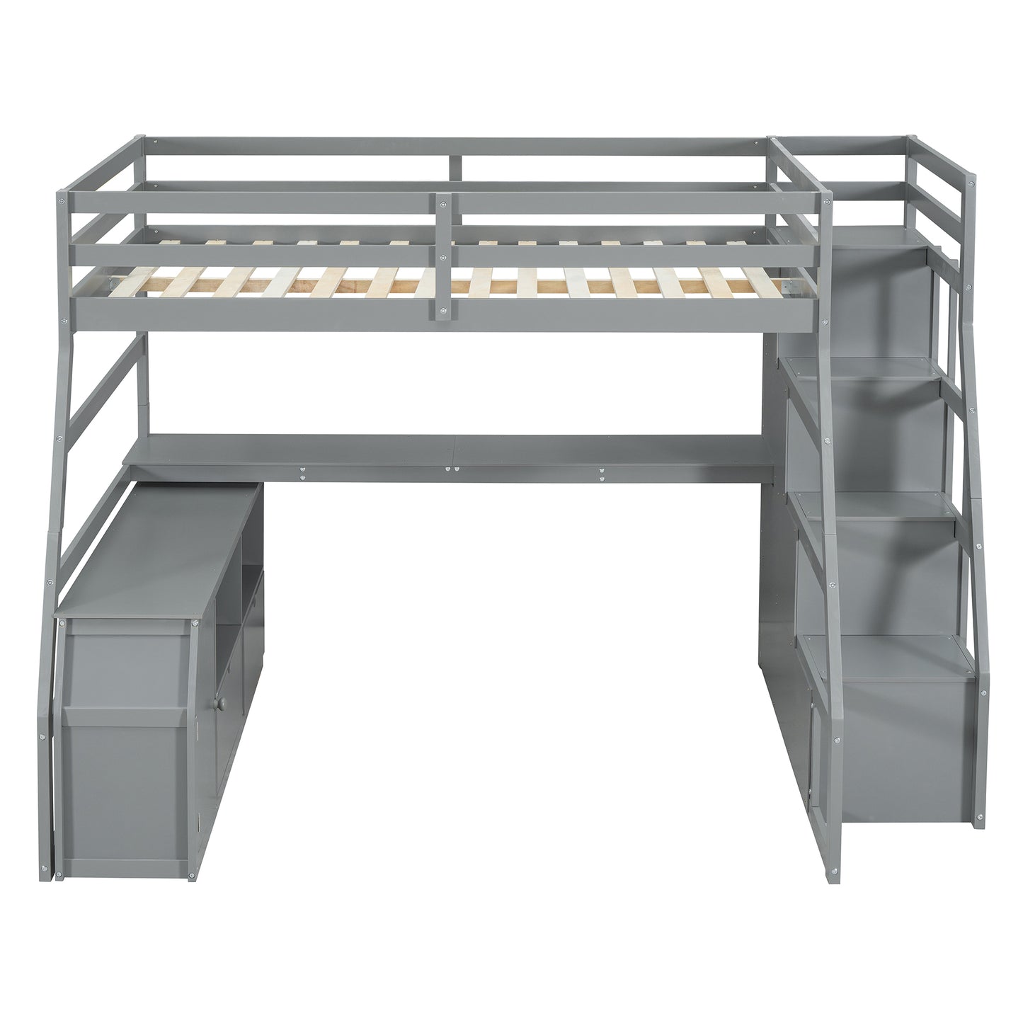 Gray wooden loft bed with desk and stairs