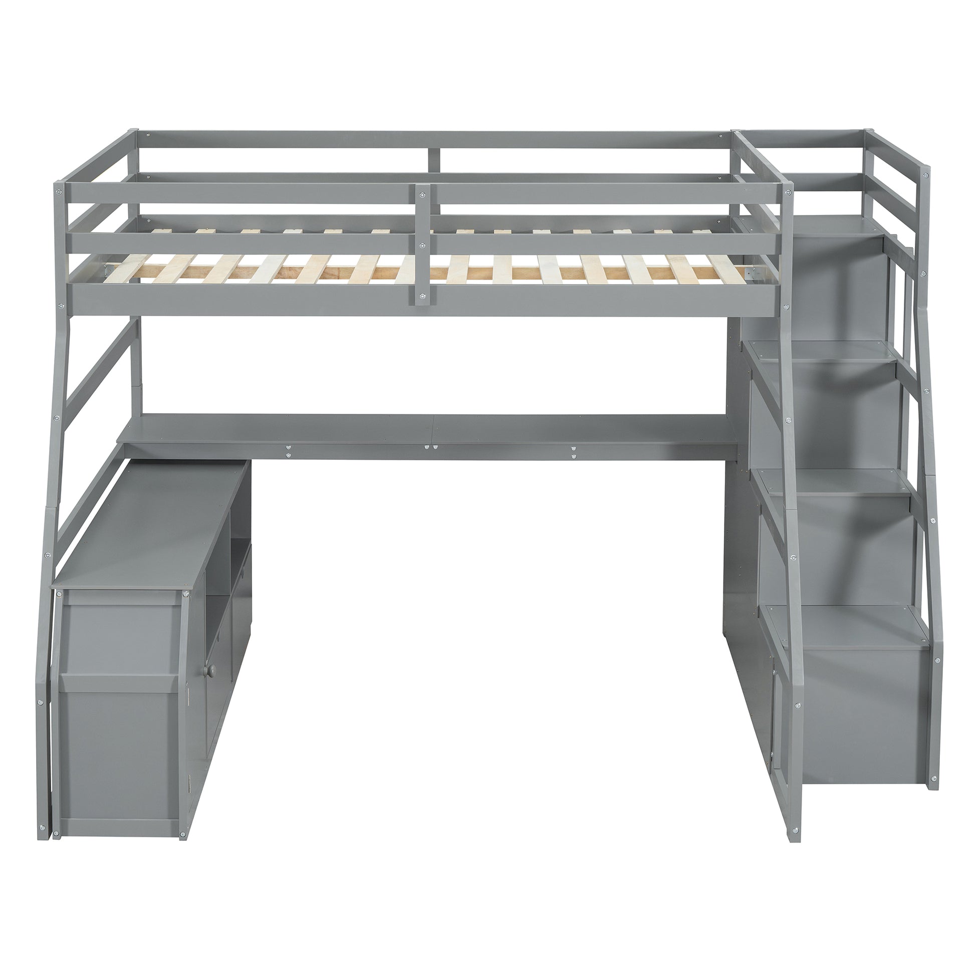 Gray wooden loft bed with desk and stairs