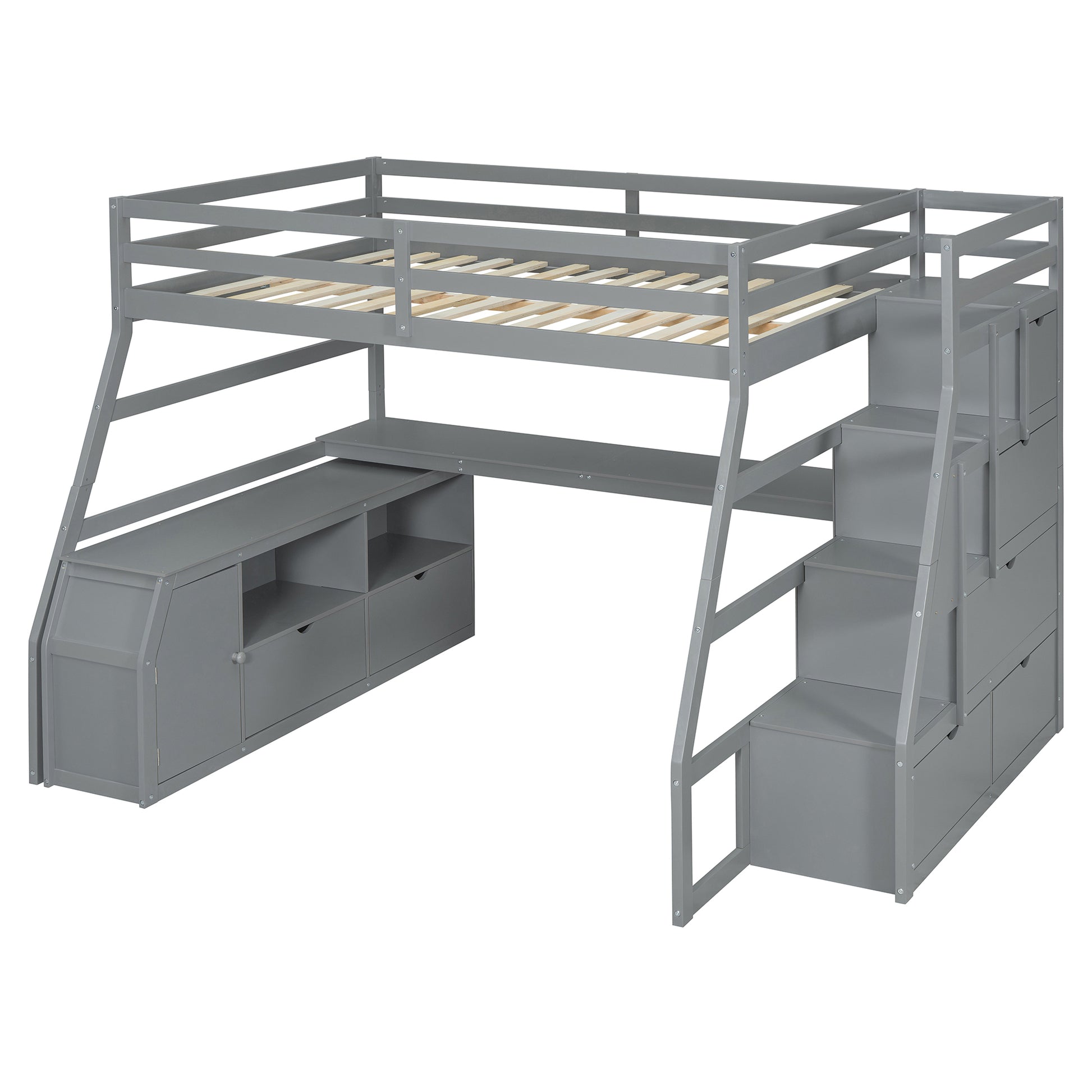 Gray wooden loft bed with stairs and integrated desk