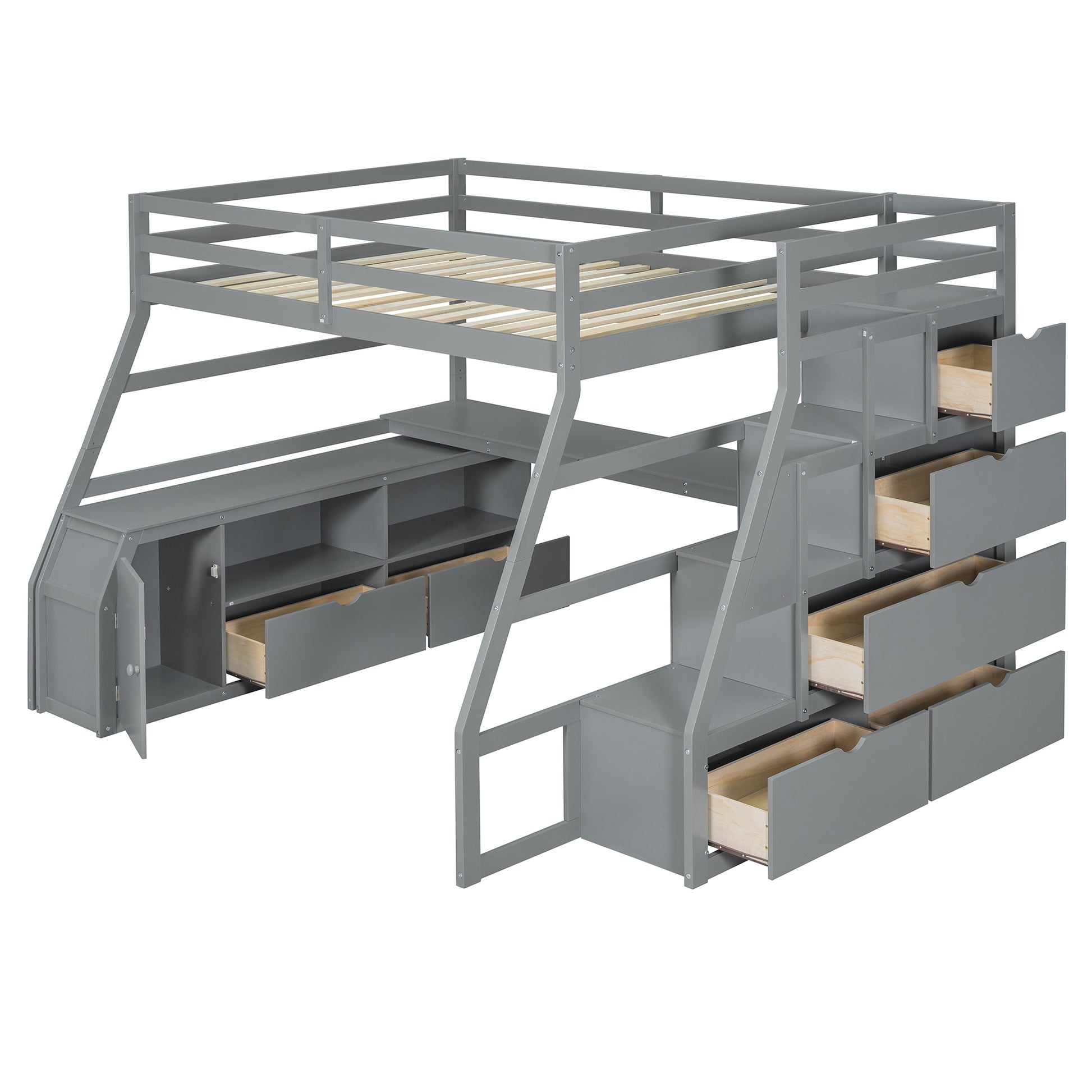 Gray loft bed with stairs and integrated storage drawers for kids