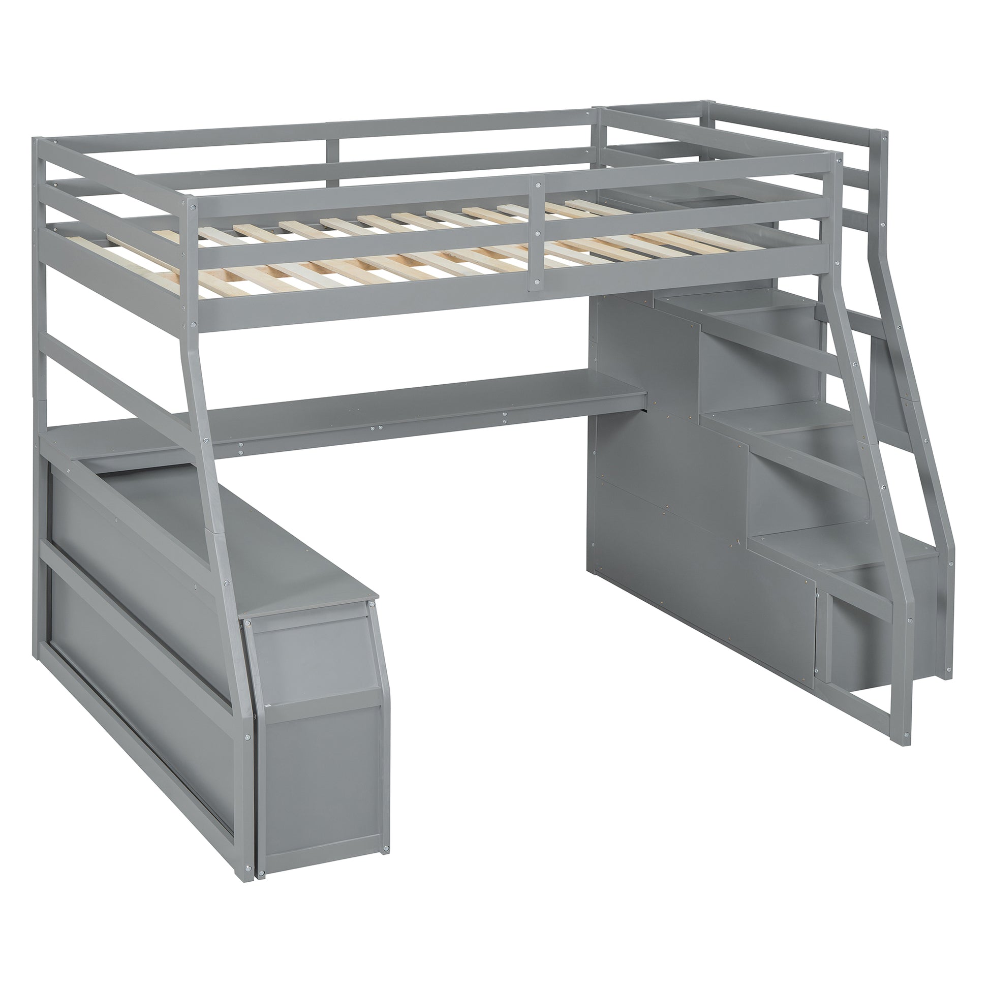 Gray wooden loft bed with stairs and desk