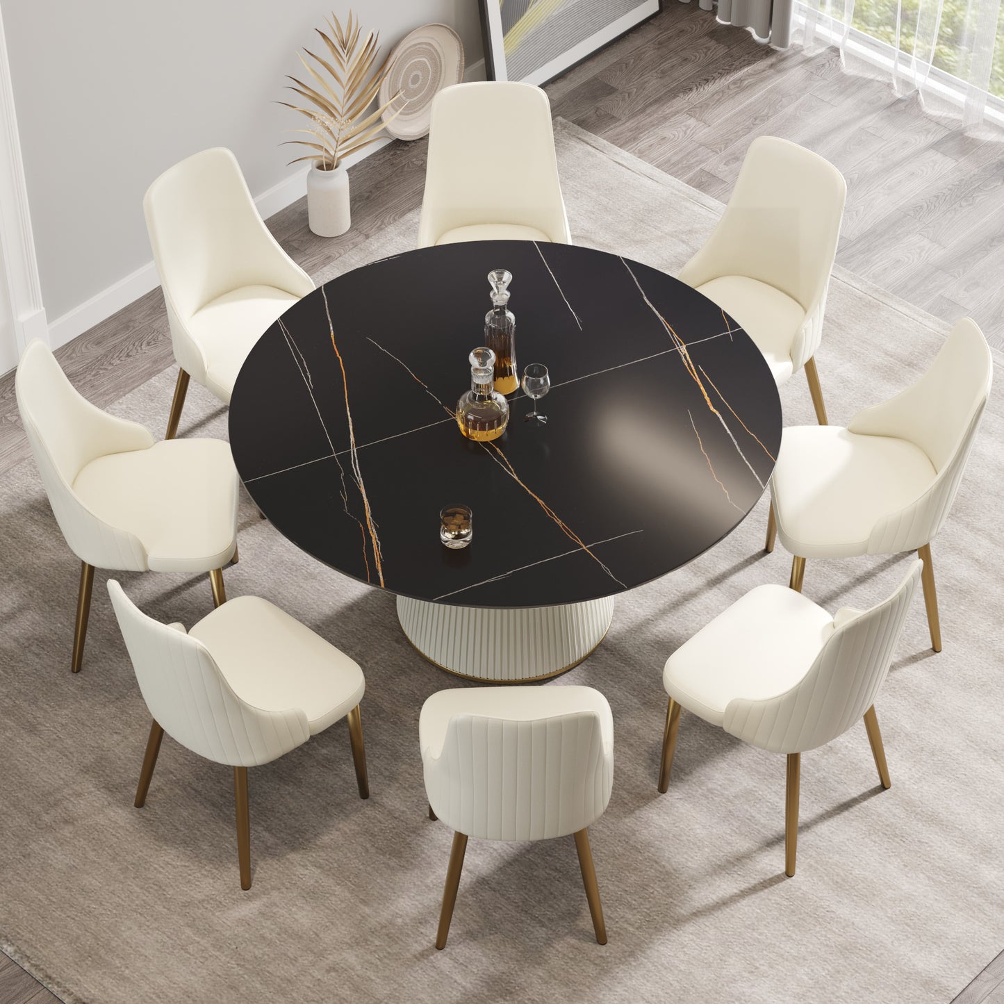 Modern black marble dining table with white upholstered chairs