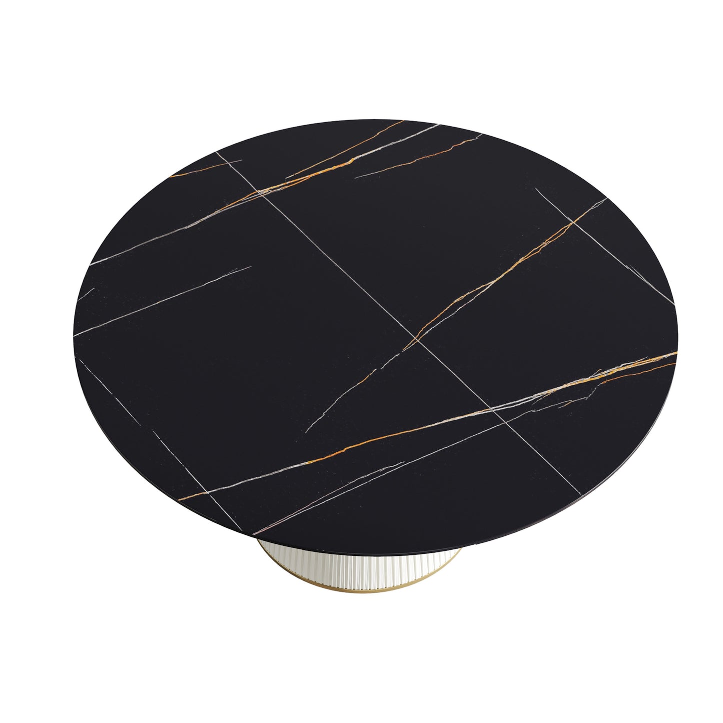 Black marble top round coffee table with gold and white veining