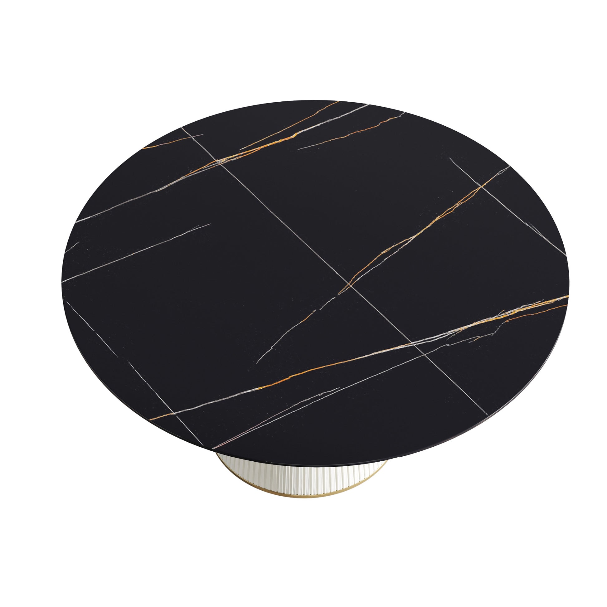 Black marble top round coffee table with gold and white veining