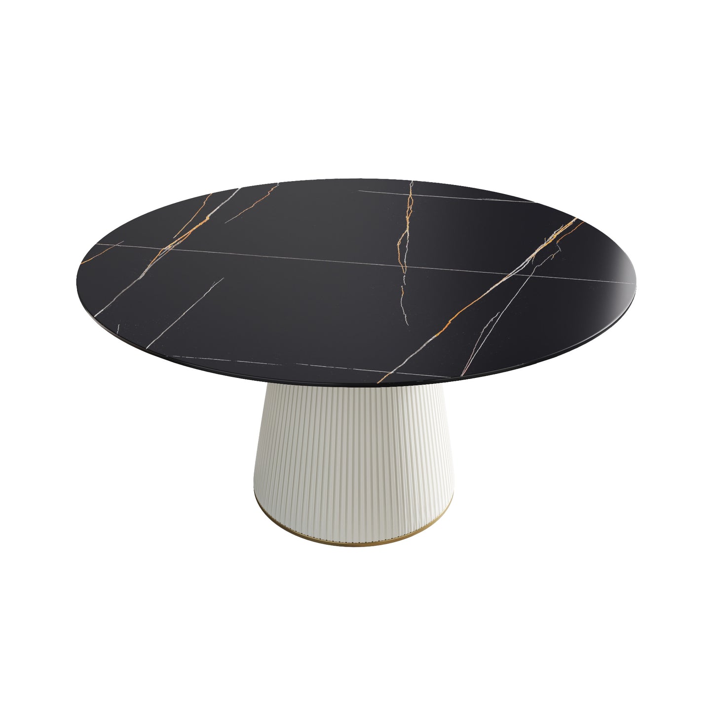 Modern round dining table with black marble top and fluted white pedestal base