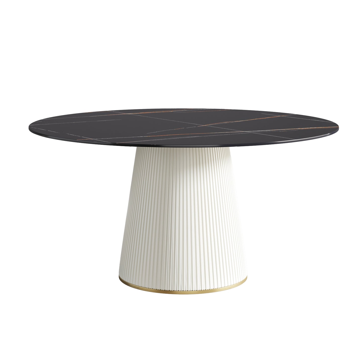 Black marble top dining table with pleated white base and gold trim
