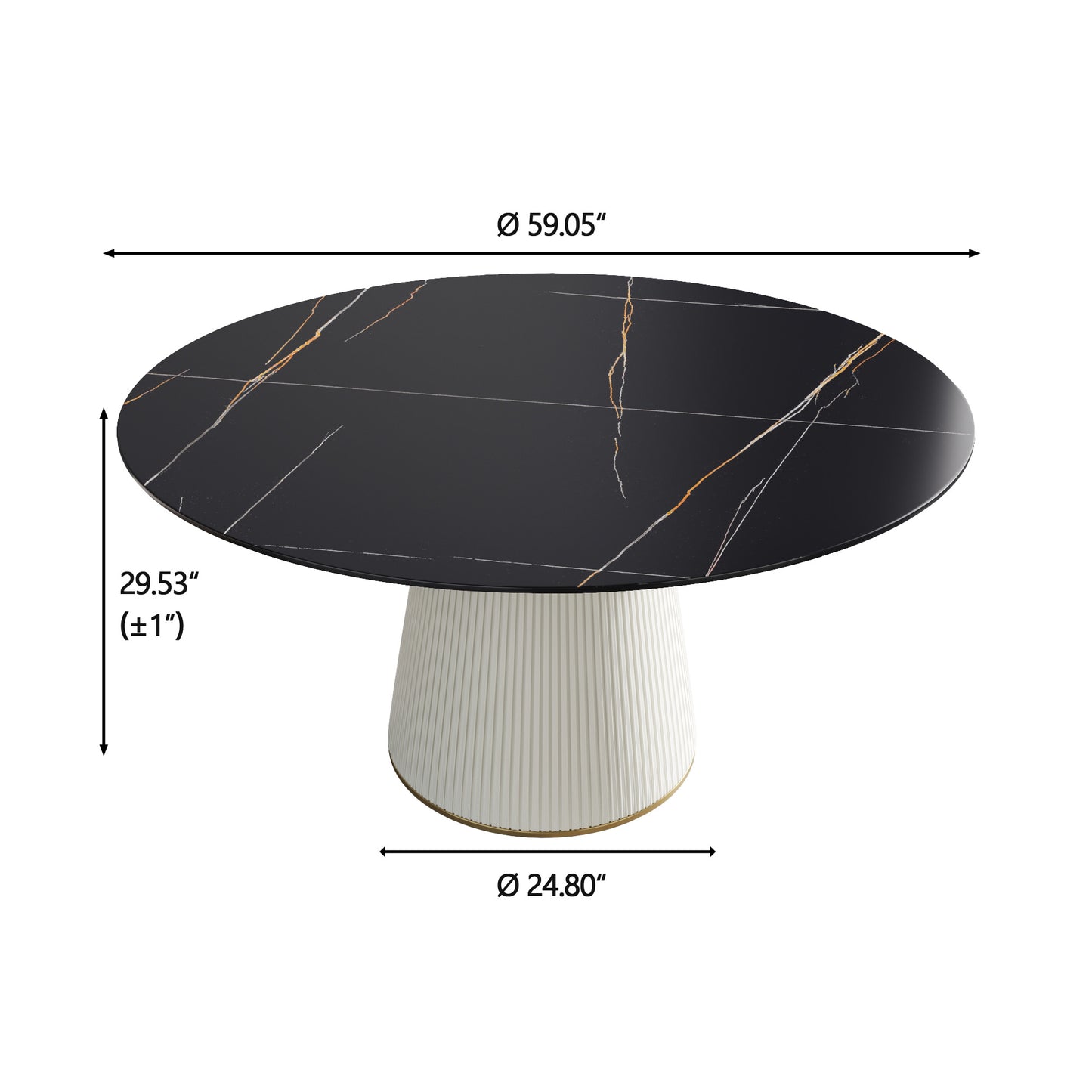 Black round marble dining table with a fluted ivory pedestal base