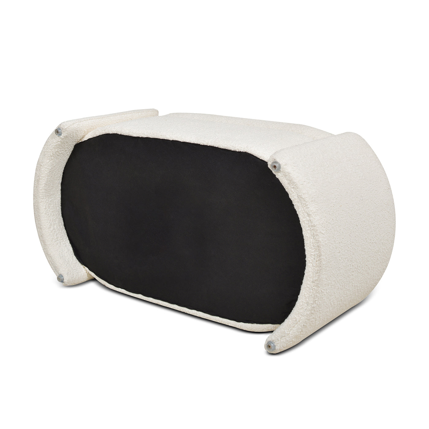 Cream boucle ottoman with black underside and silver feet modern design