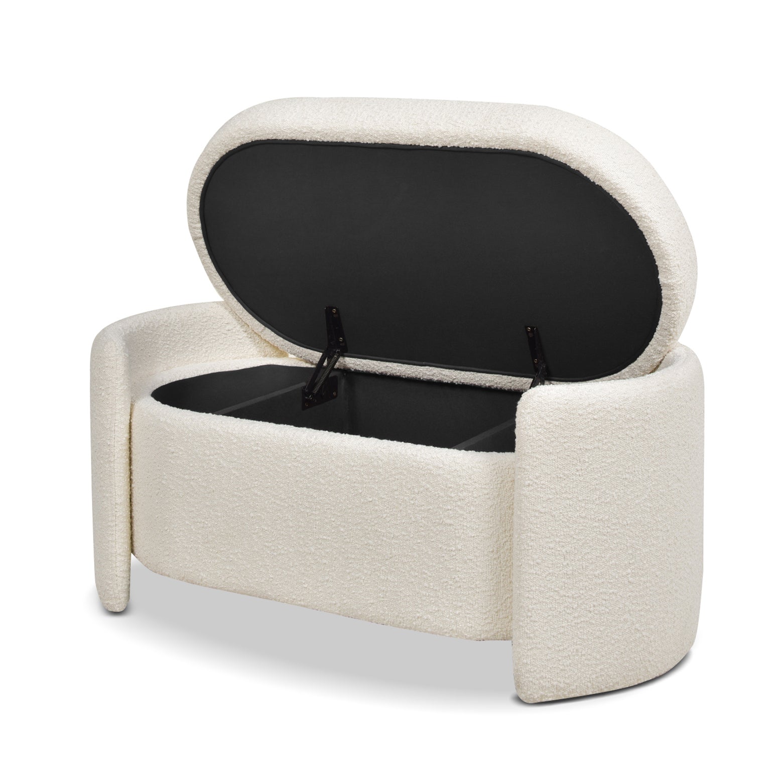 Cream boucle storage bench with open lid revealing black interior