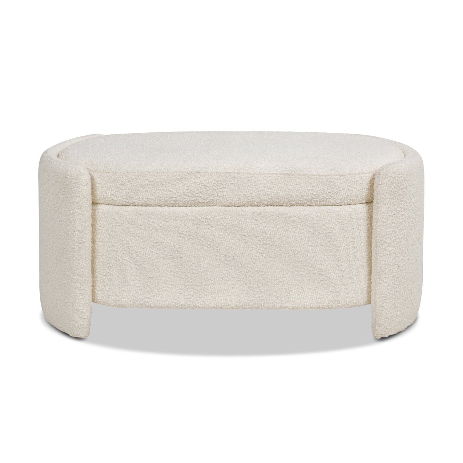Cream boucle storage ottoman with curved sides