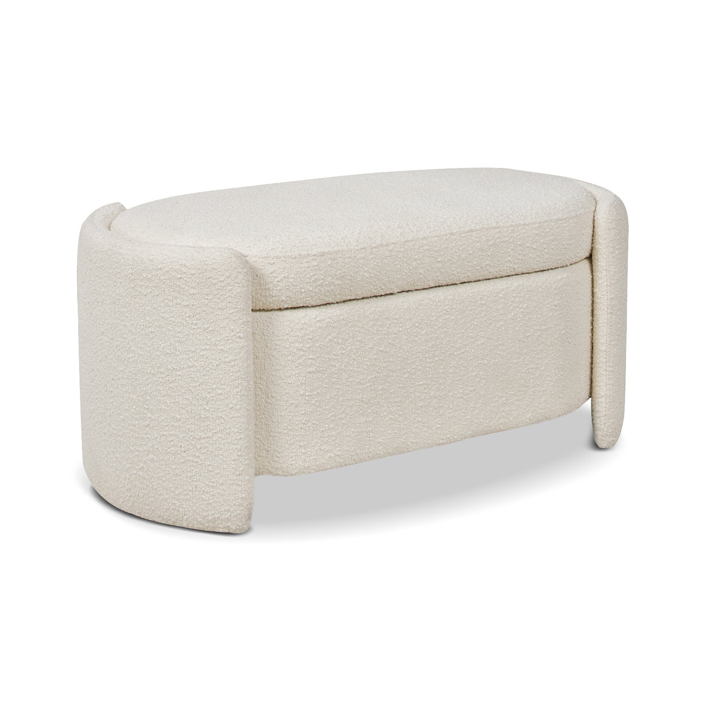Cream boucl upholstered storage ottoman with curved details
