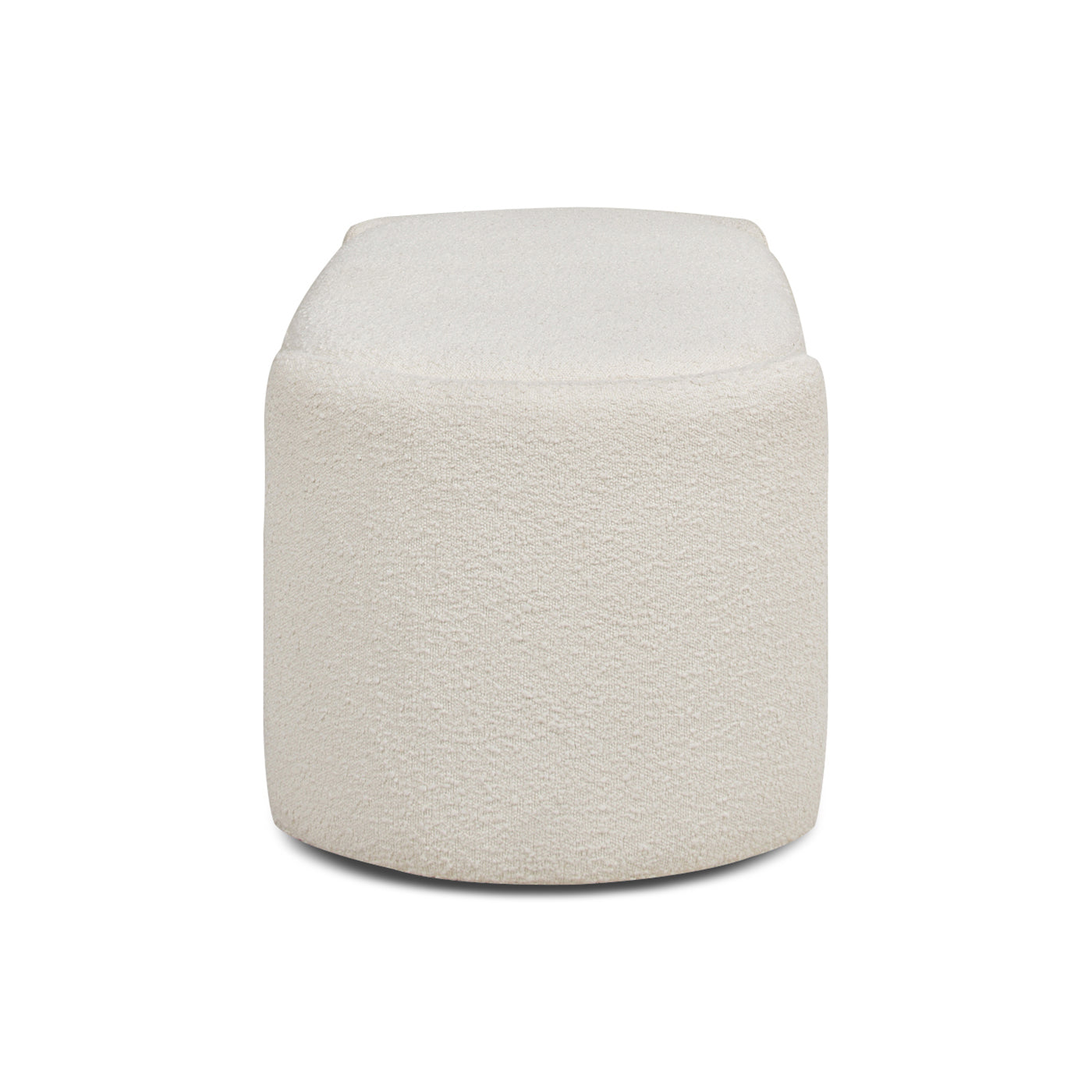Cream boucle fabric ottoman with a rounded top and cylindrical base