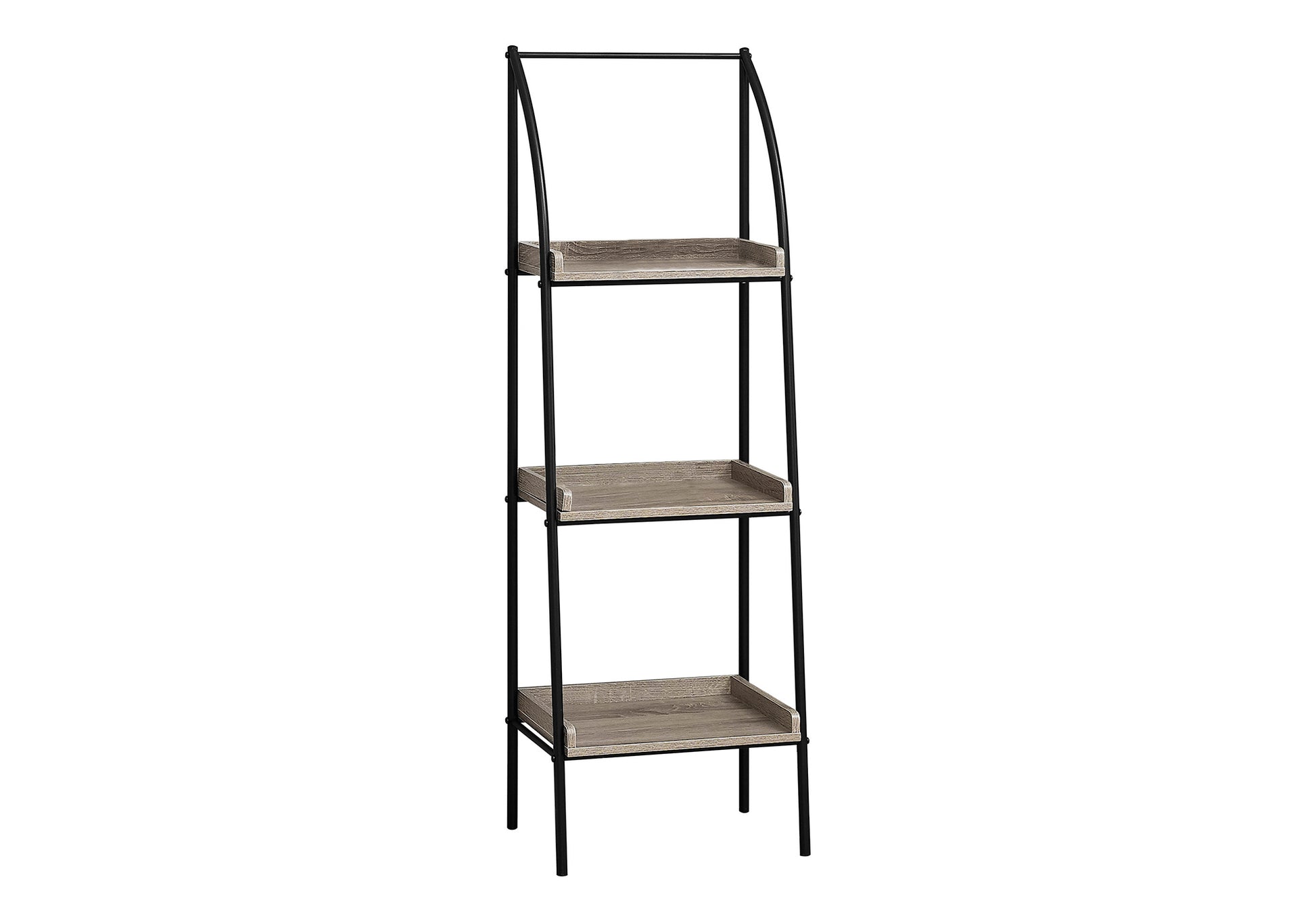 Black metal leaning bookshelf with  grey wood shelves