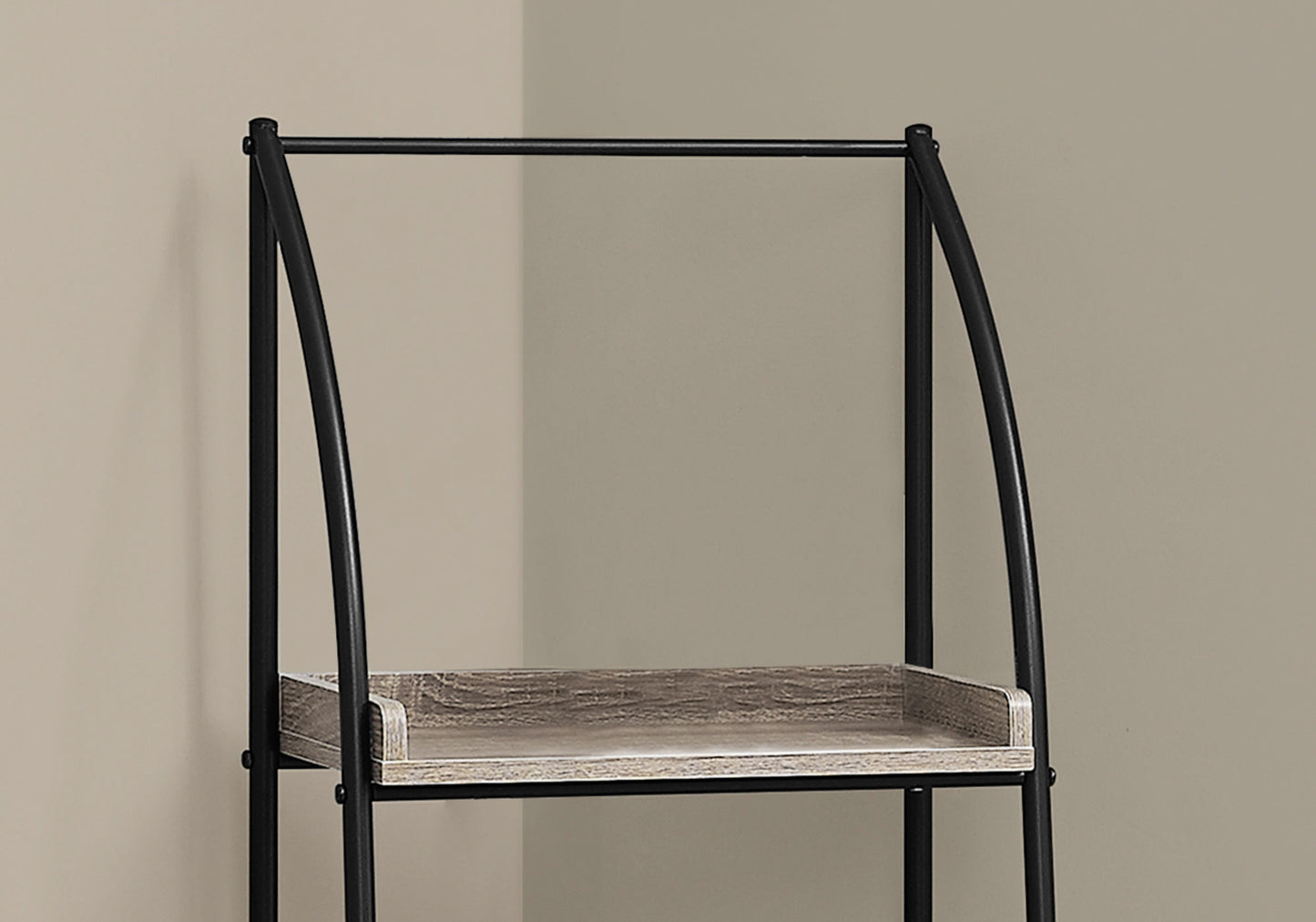 Black metal framed ladder shelf with distressed wood shelves