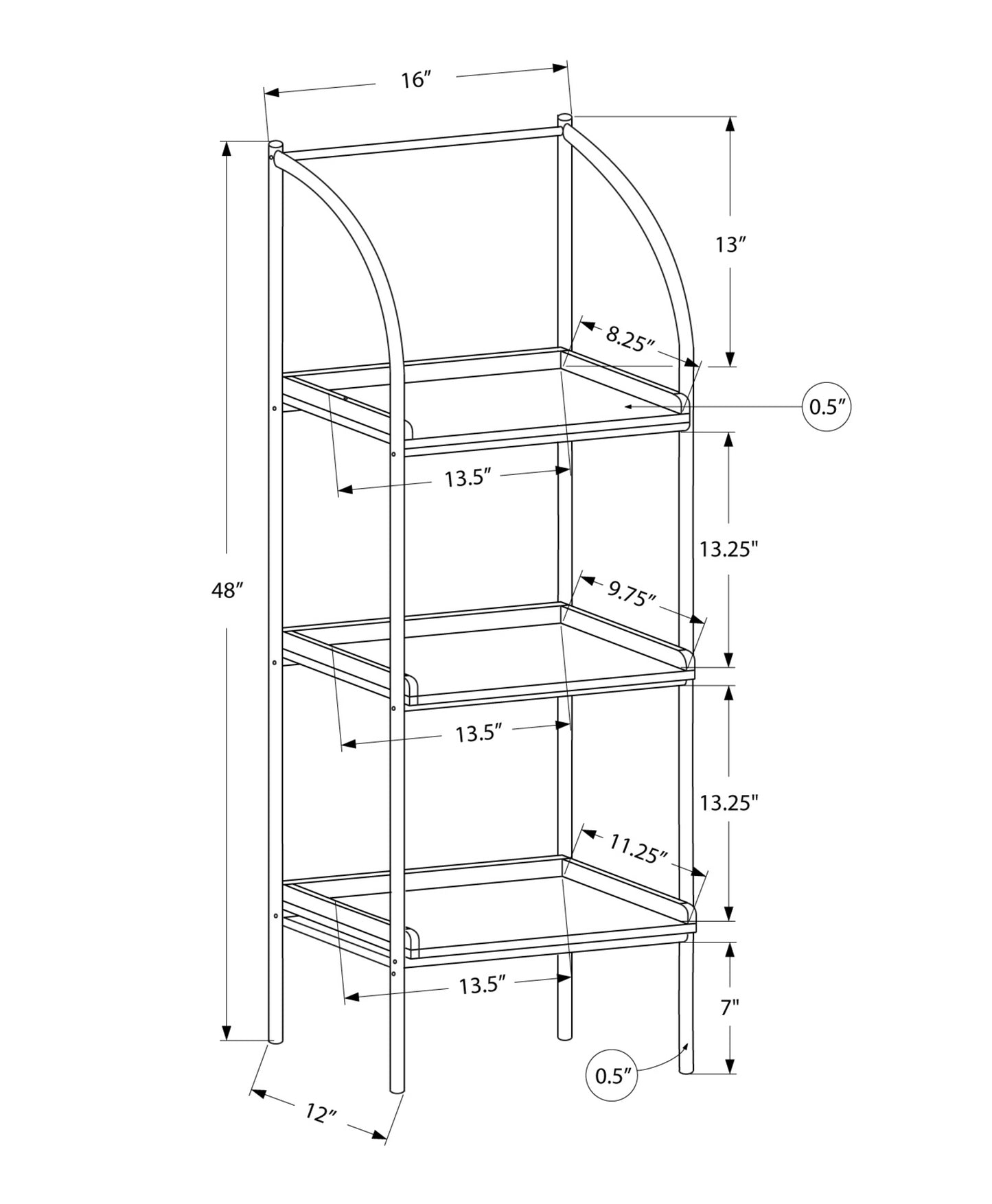 Technical drawing of a tier metal plant stand  inches tall with curved frame
