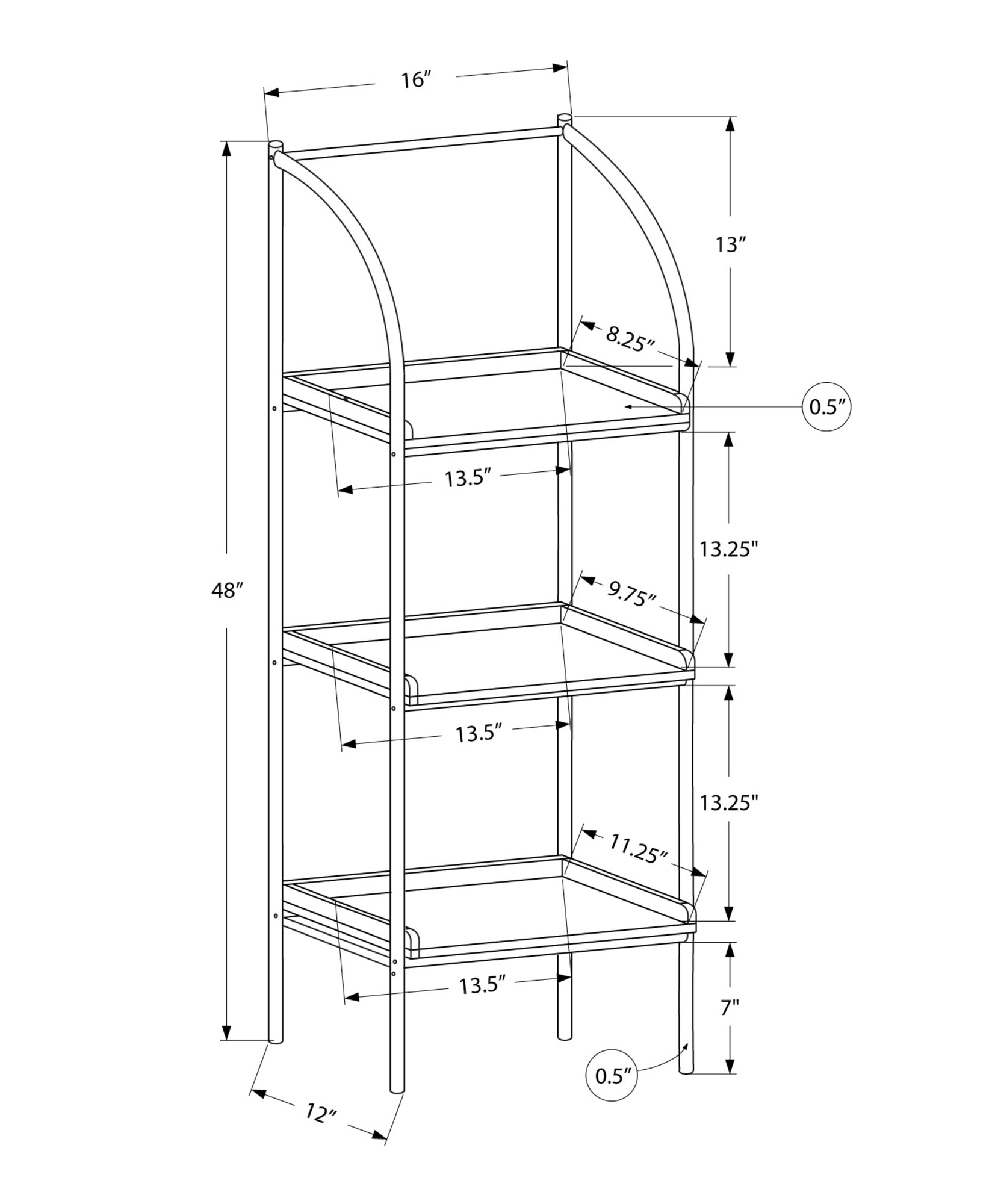 Technical drawing of a tier metal plant stand  inches tall with curved frame