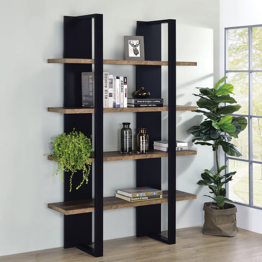 Modern black metal and wood bookshelf with five shelves