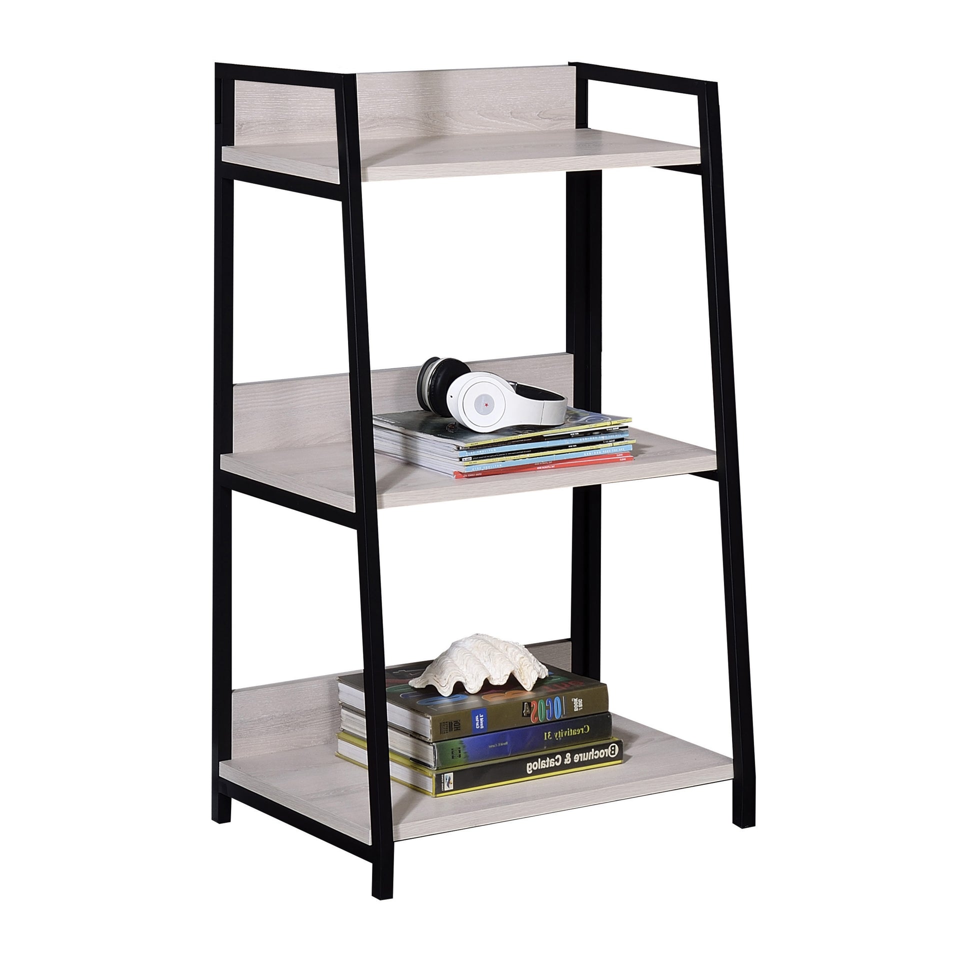 Ladder bookshelf with light wood shelves and black metal frame
