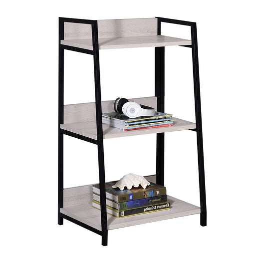 Ladder bookshelf with light wood shelves and black metal frame