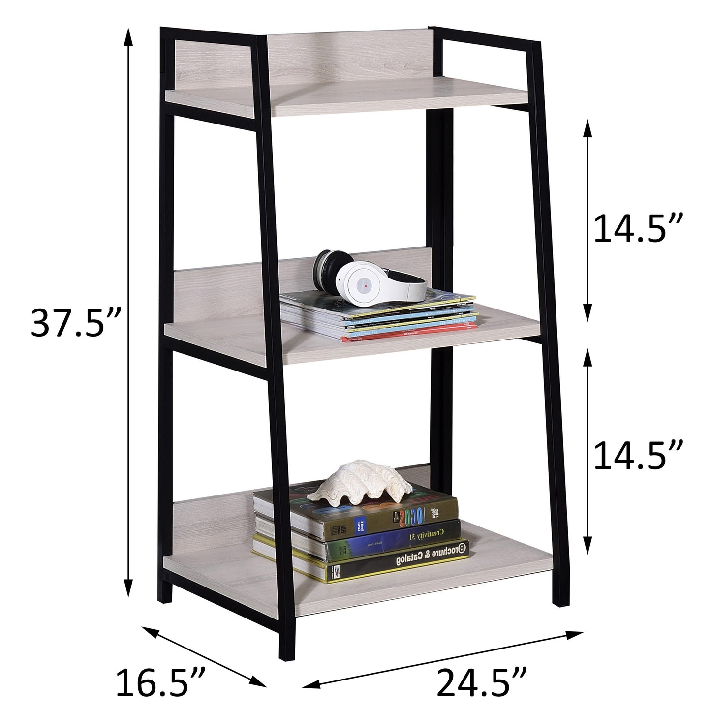 Ladder bookshelf with three grey wood shelves and black metal frame
