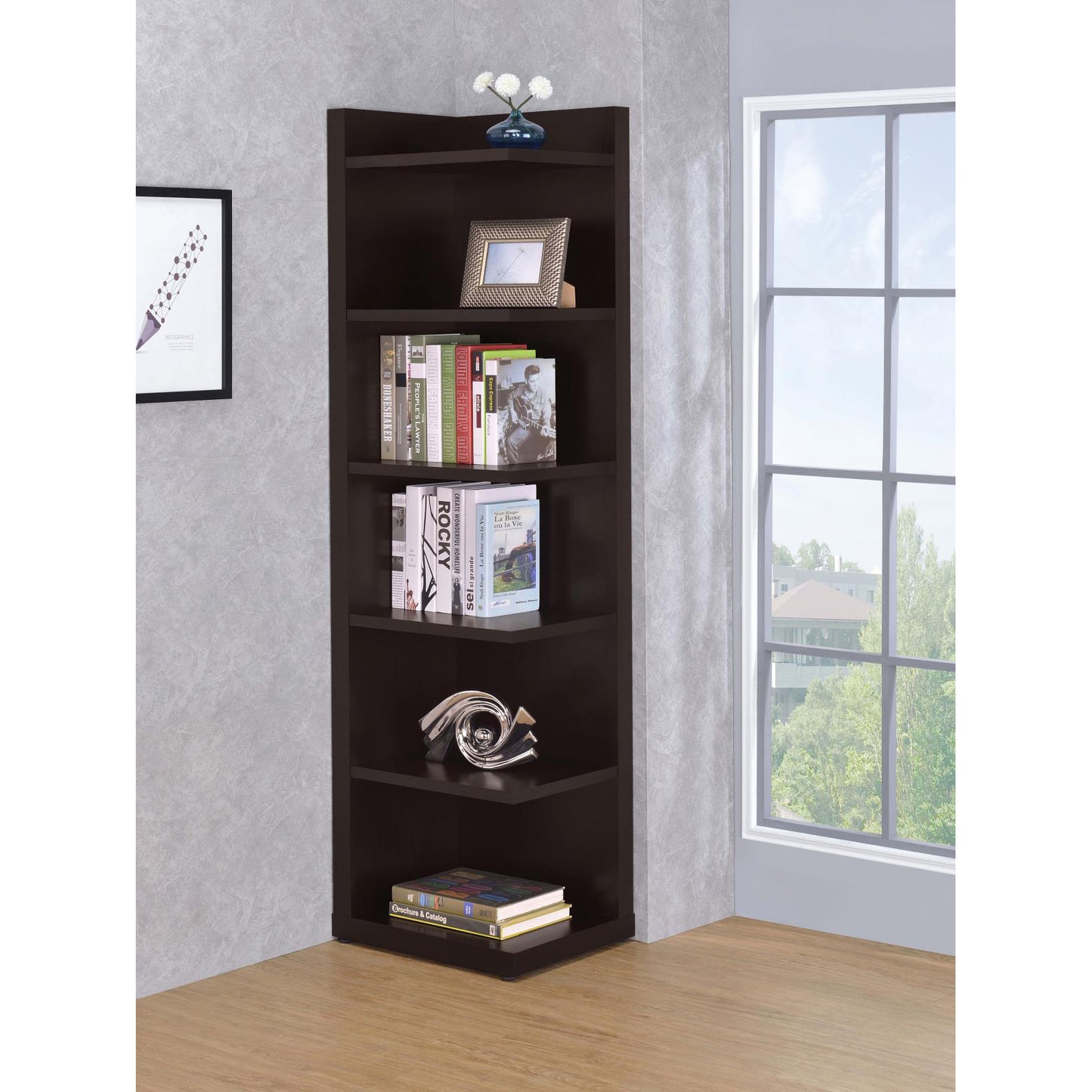 Dark brown fiveshelf corner bookcase with books and decor