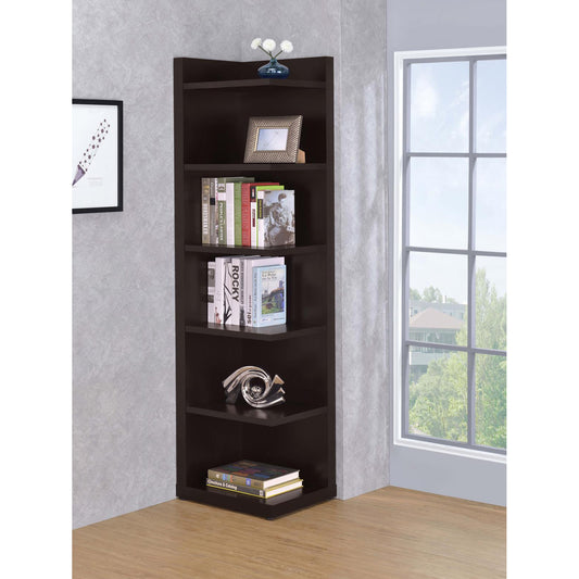 Dark brown fiveshelf corner bookcase with books and decor
