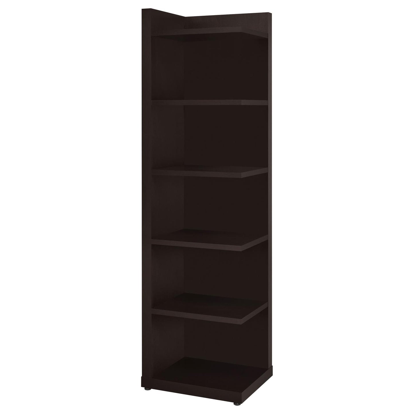 Tall dark brown corner bookshelf with five shelves