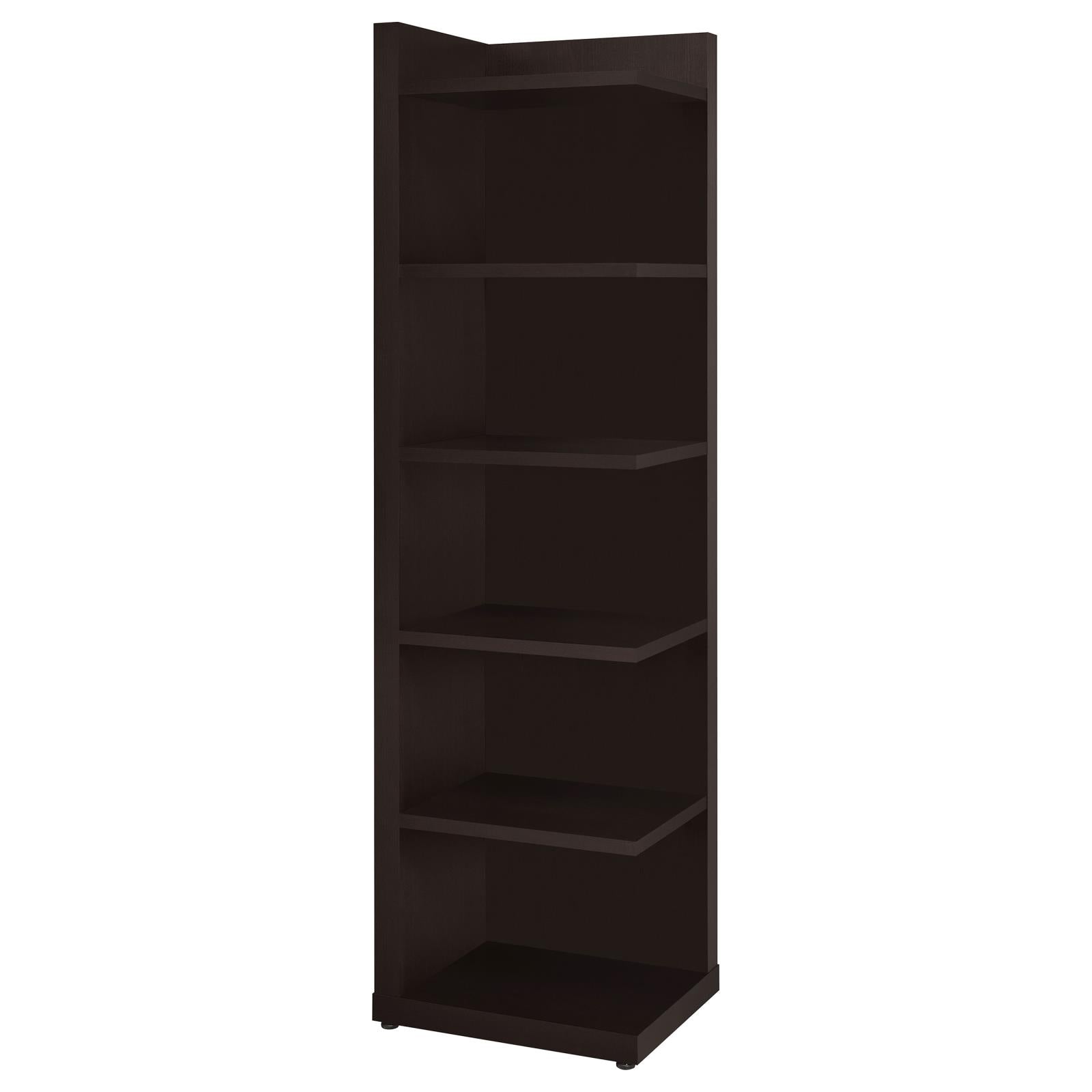 Tall dark brown corner bookshelf with five shelves