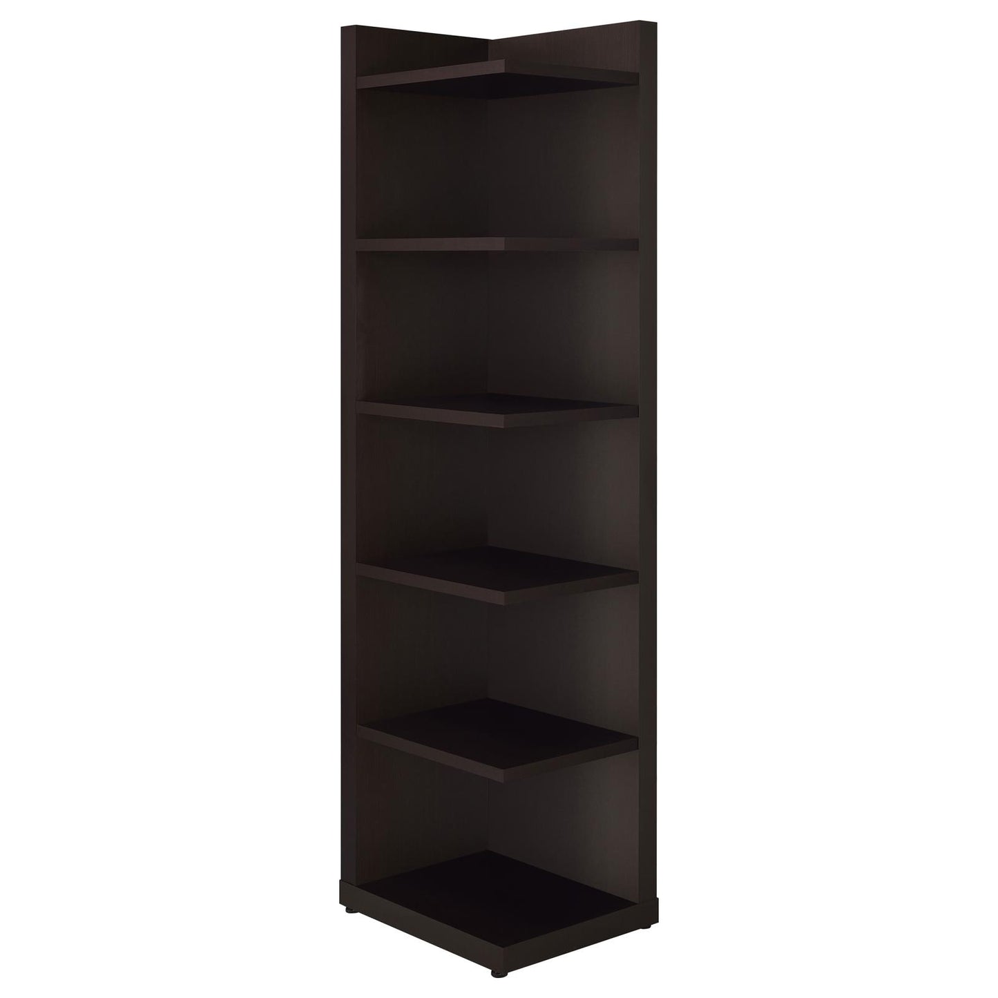 Dark espresso corner bookshelf with five open shelves