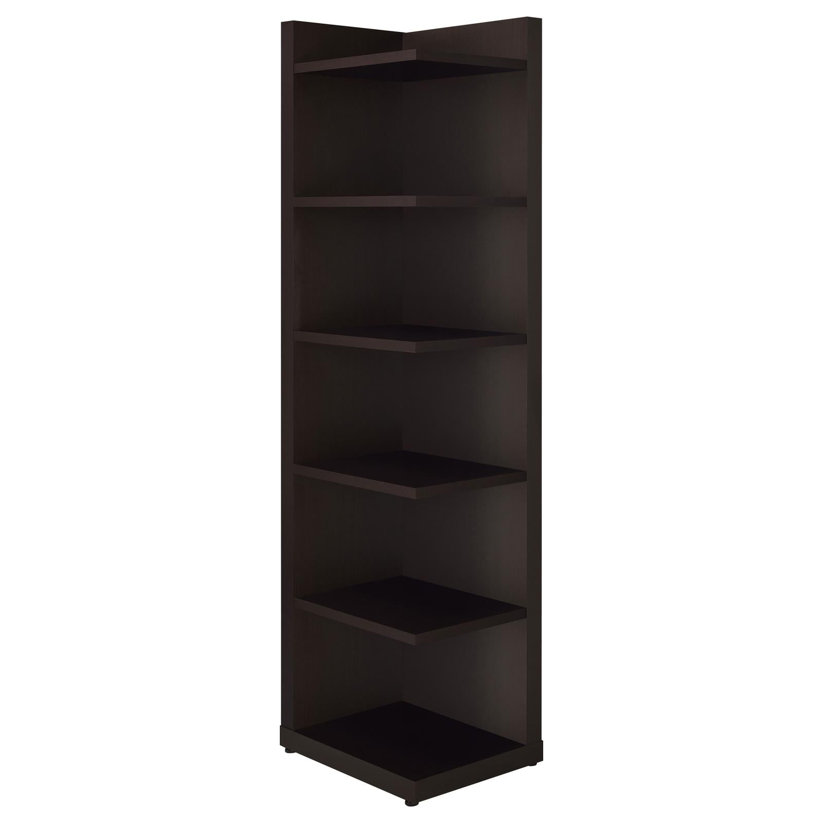 Dark espresso corner bookshelf with five open shelves