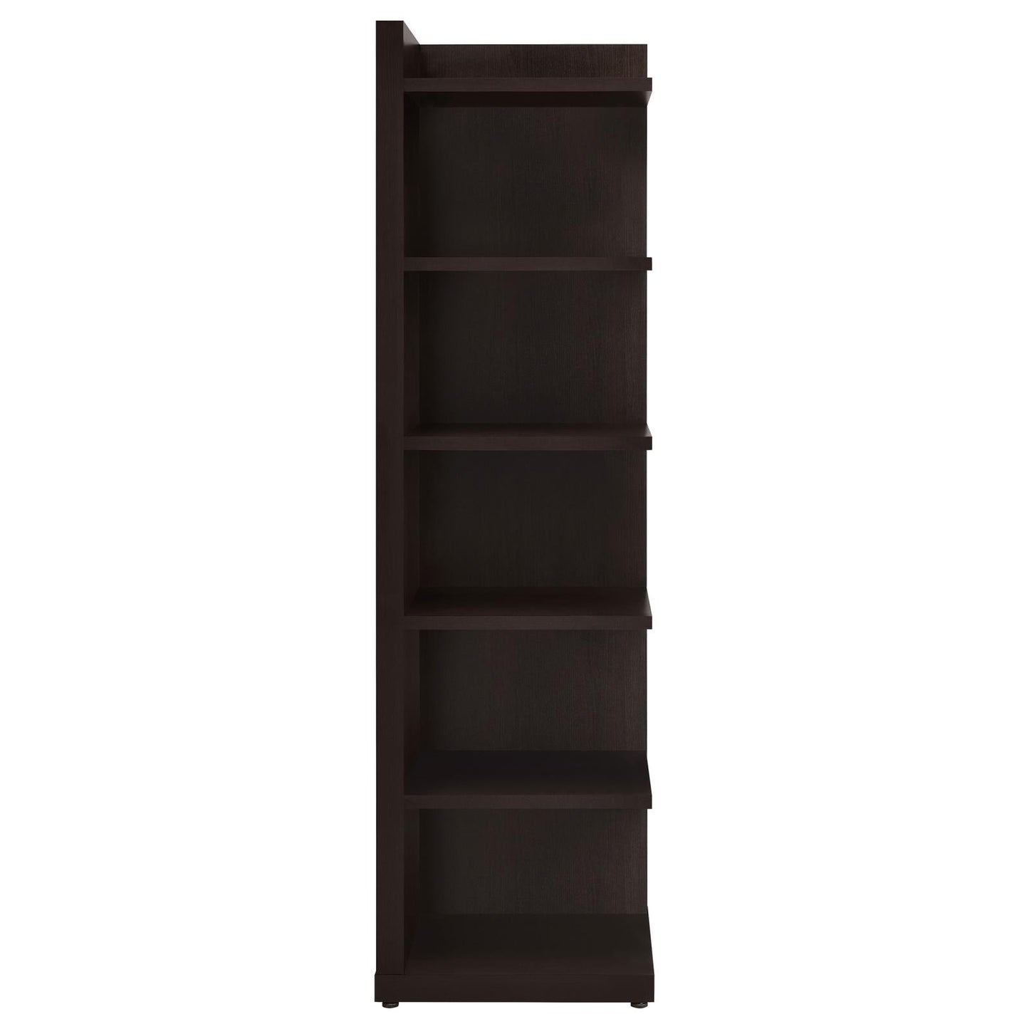Tall dark brown wood veneer bookcase with five open shelves