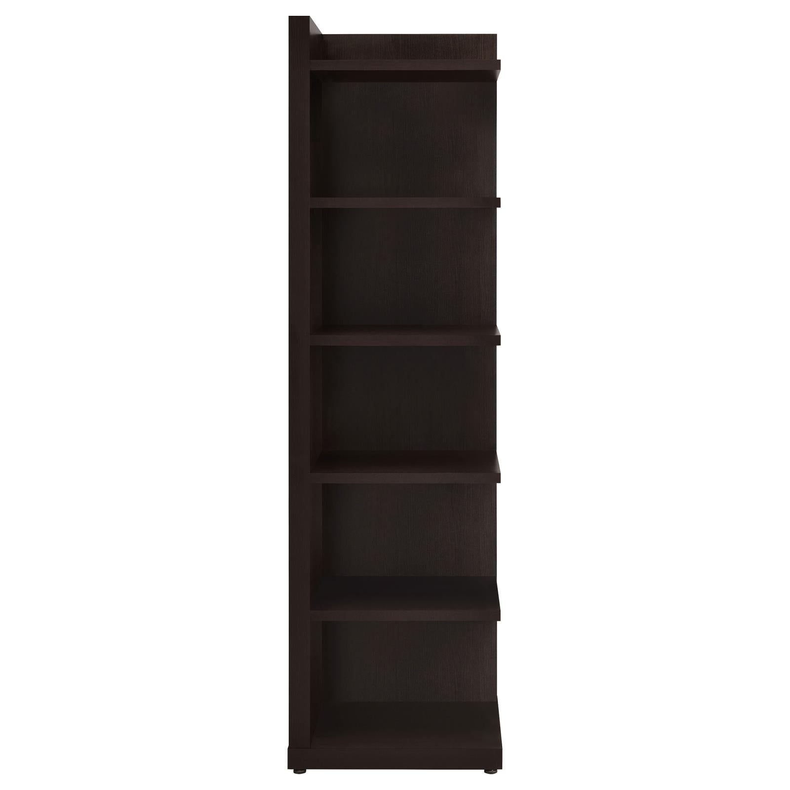 Tall dark brown wood veneer bookcase with five open shelves