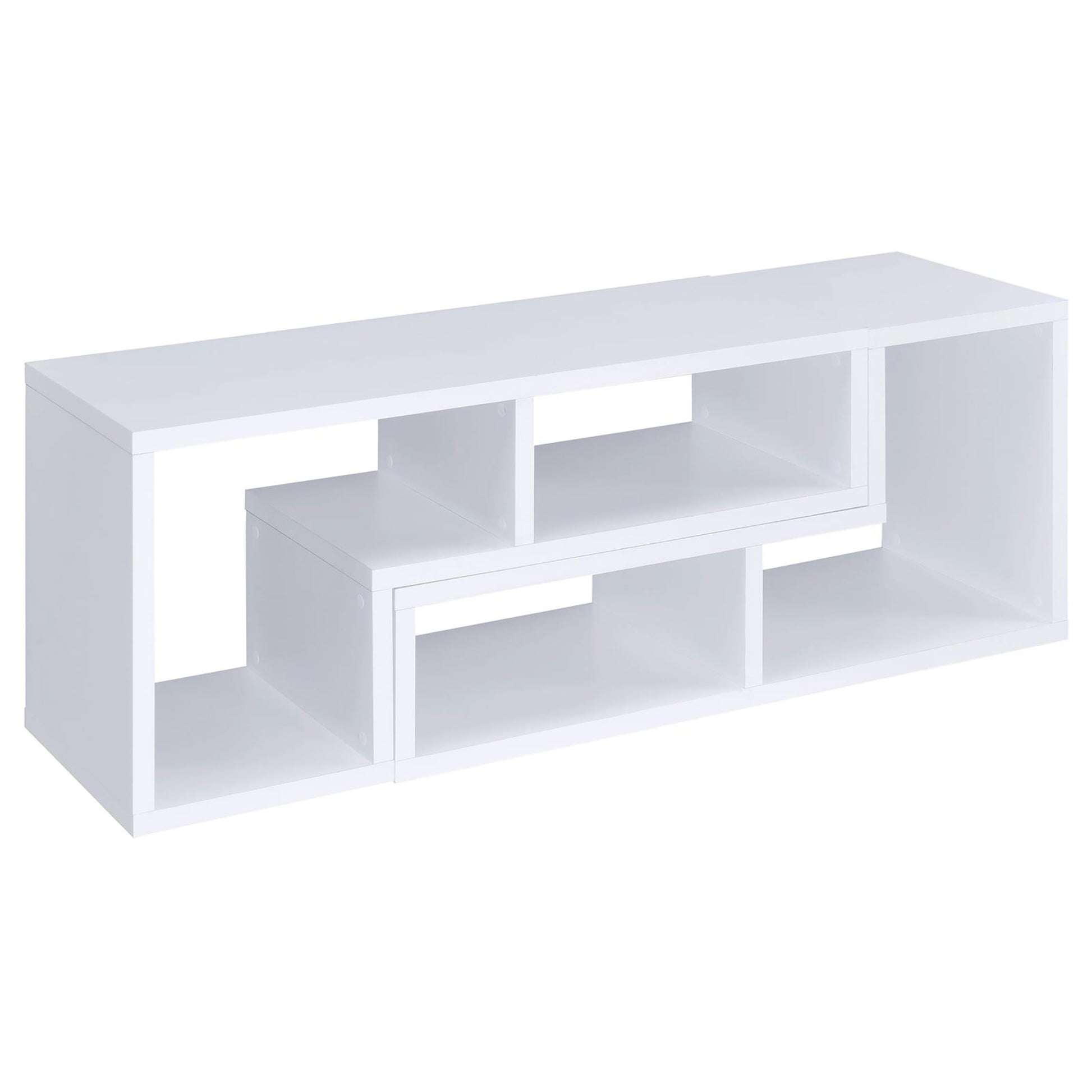 Modern white media console with open shelves for electronics